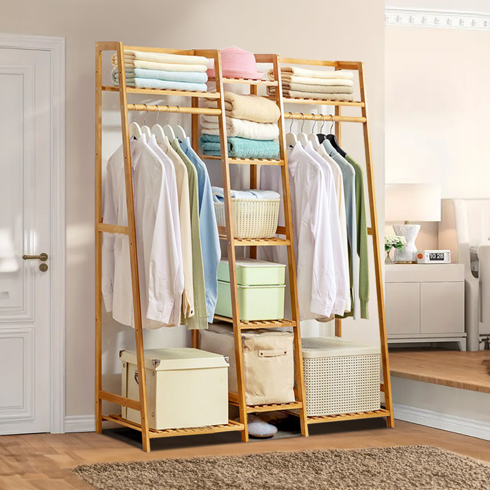 Bamboo Trapezoid Clothing Rack With 5-tier Storage Shelves Multi-functional Clothes Hanging Rack Stand | Natural