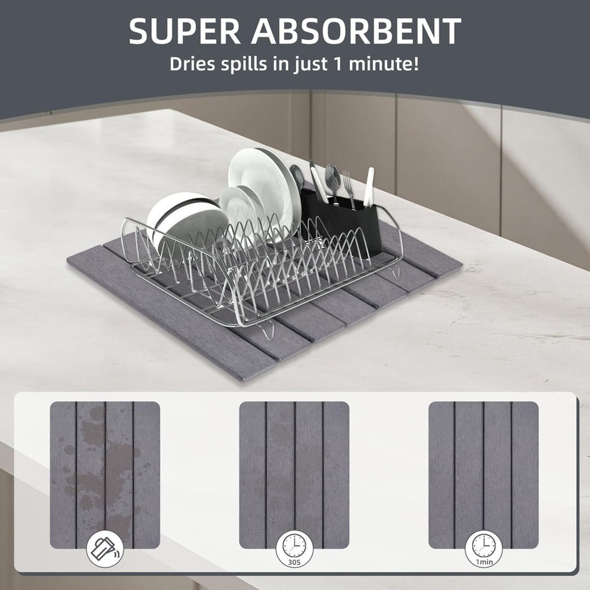 Stone Dish Drying Mat 60cm – Foldable Non-slip Diatomite Kitchen Drainer 40x30cm | Grey