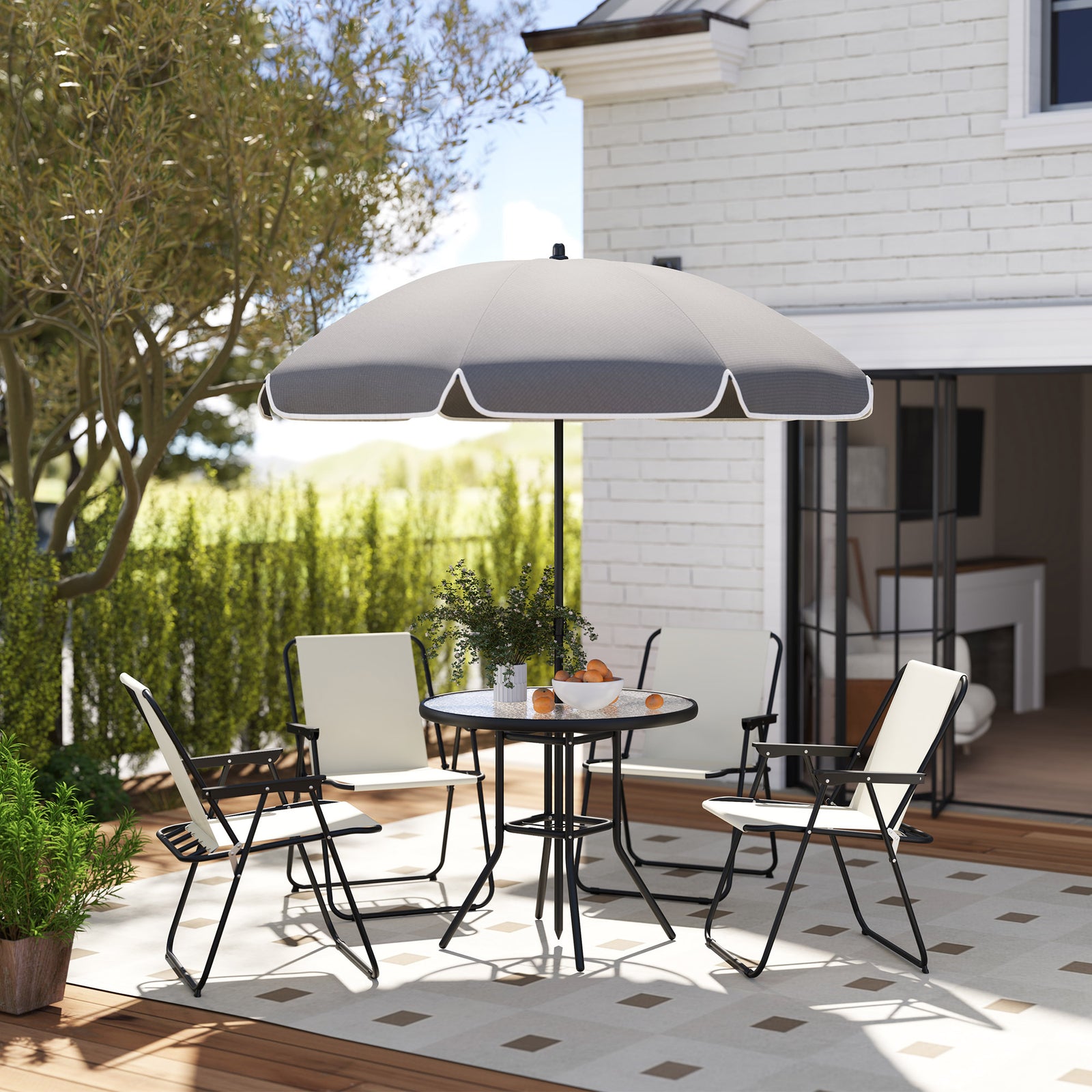 6 Pieces Garden Furniture Set W/ Parasol, Folding Chairs | Cream