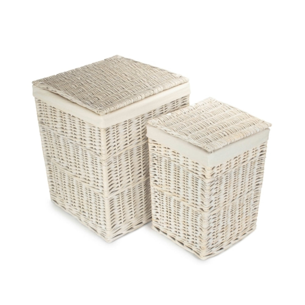 White Oatmeal Cotton Lined Square White Wash Laundry Basket | Set-of-2 | White