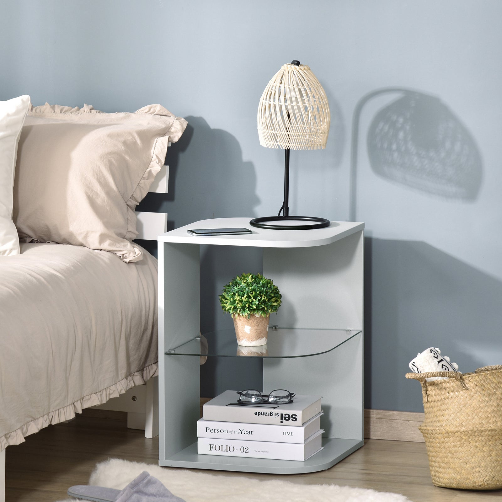 Side Table Three Layer Bedside Table Nightstand W/ 2 Shelves | Gray