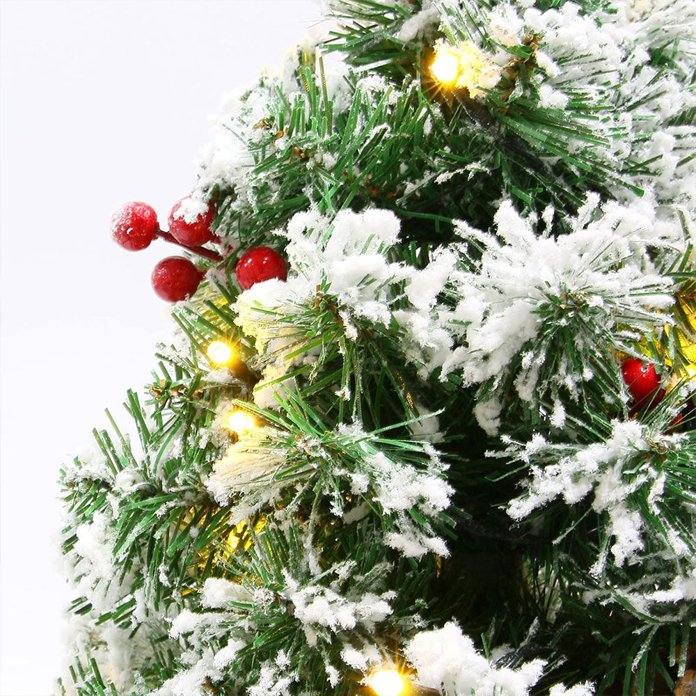 Mini Led Christmas Tree With Lifelike Pine Branches, Red Berries & Pinecones, Linen Base, 42cm Tabletop Holiday Decor