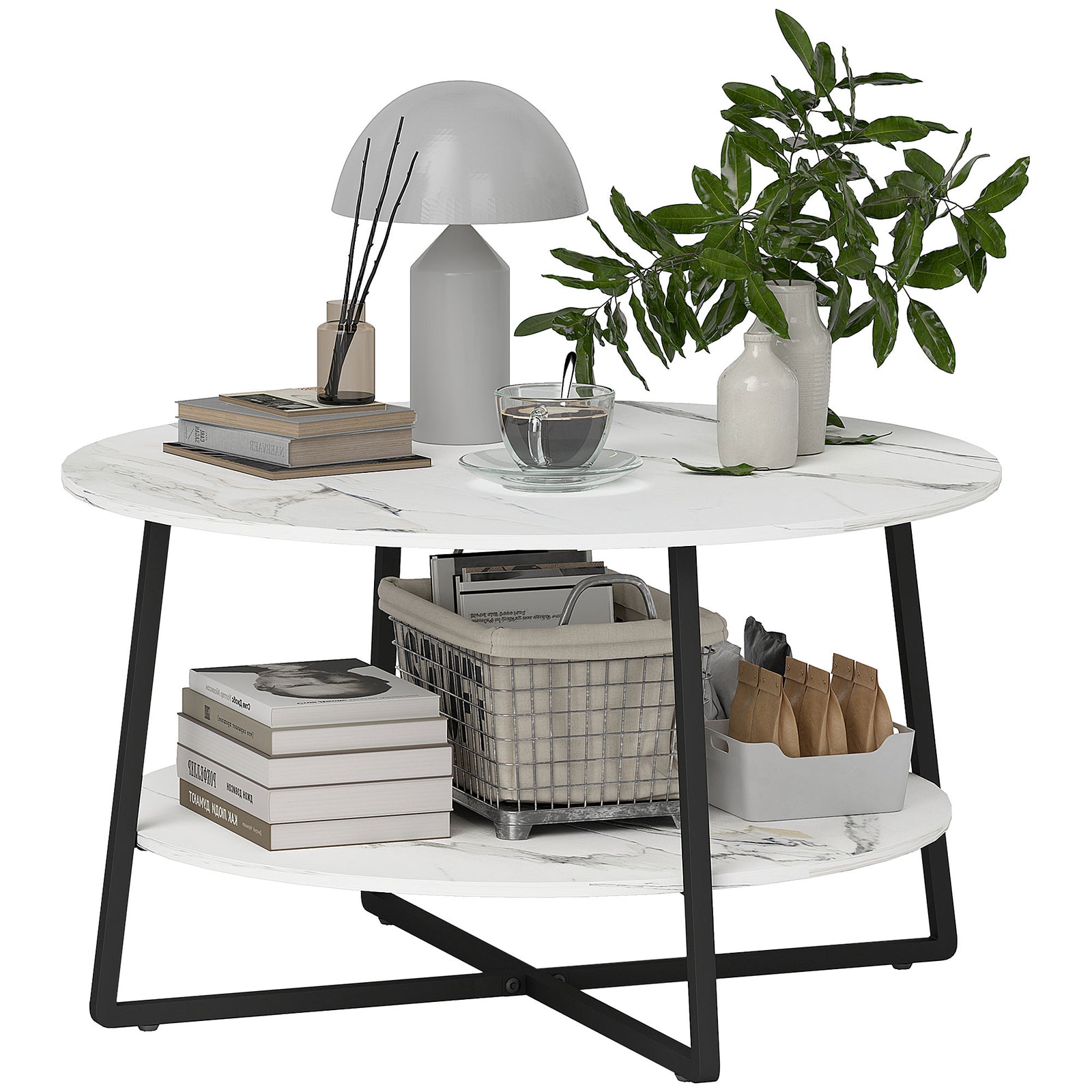 Round Coffee Table With Storage Shelf And Marble Effect Top