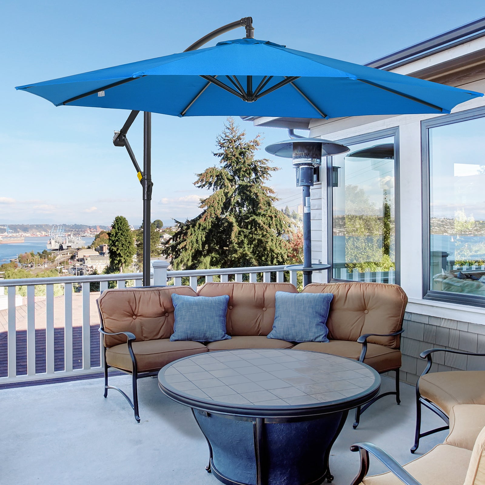 3(m) Cantilever Parasol Banana Umbrella w/ Crank, Cross Base | Blue