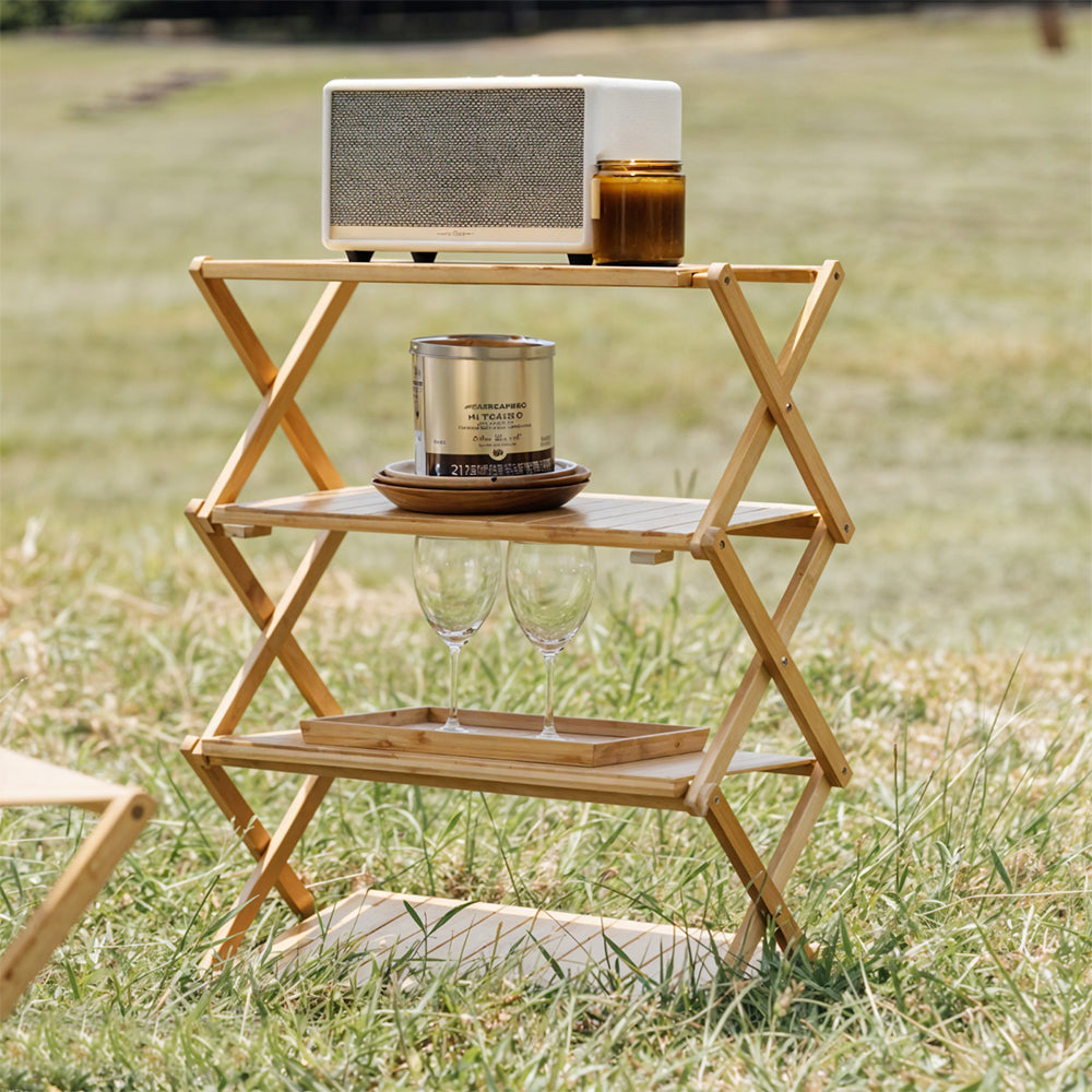 4-tier Portable Bamboo Camping Storage Rack Foldable Outdoor Picnic Organizer Shelf For Camping | Natural