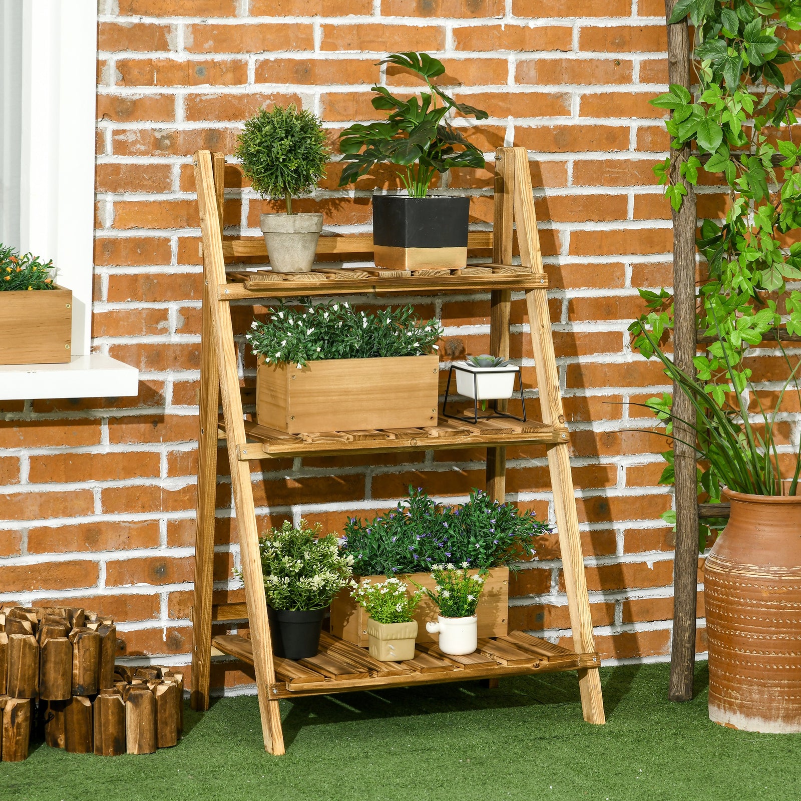 Flower Stand Plant Display Rack 3-tier Foldable Wood Garden | Medium | Brown