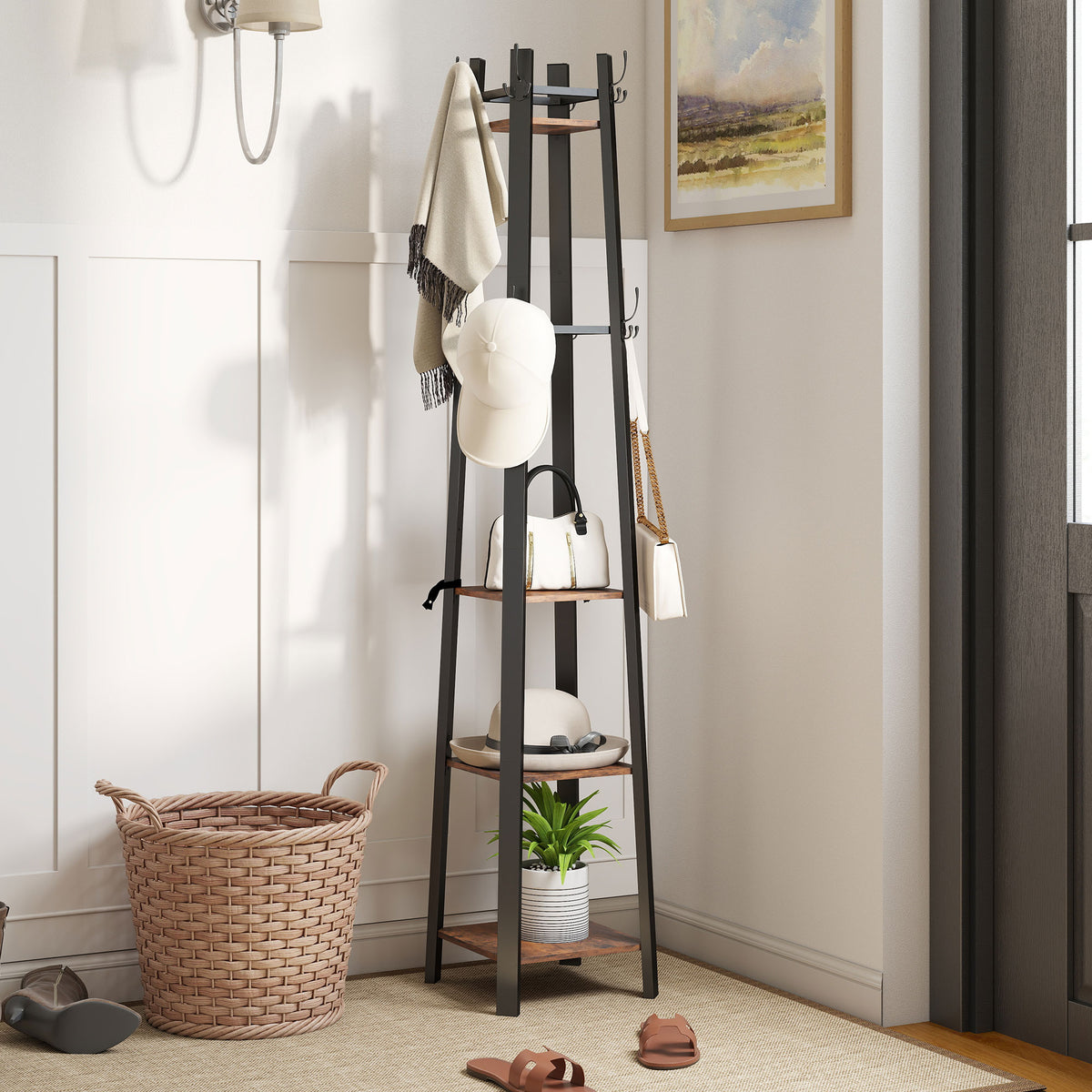 HOMCOM Industrial Coat Stand With 4 Storage Shelves And 8 Hooks