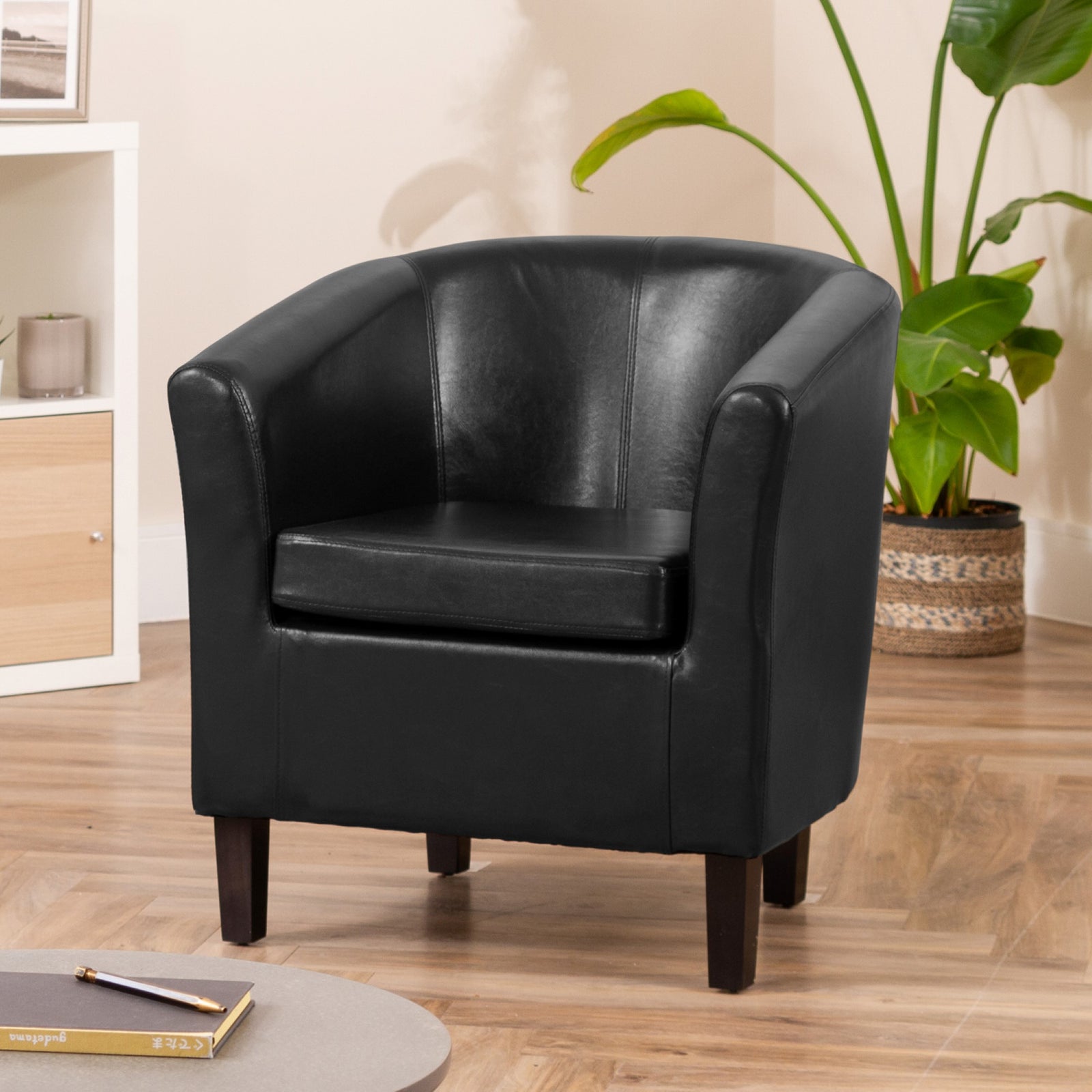 Meriden 68cm Wide Pu Vegan Leather Accent Tub Chair Supplied With Both Light And Dark Wooden Legs | Black