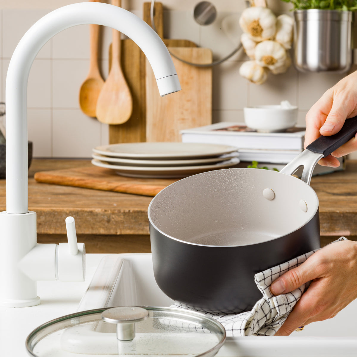 KitchenAid Cookware Coloured Aluminium Saucepan With Lid, 16cm, Pfas Free, Matt Black