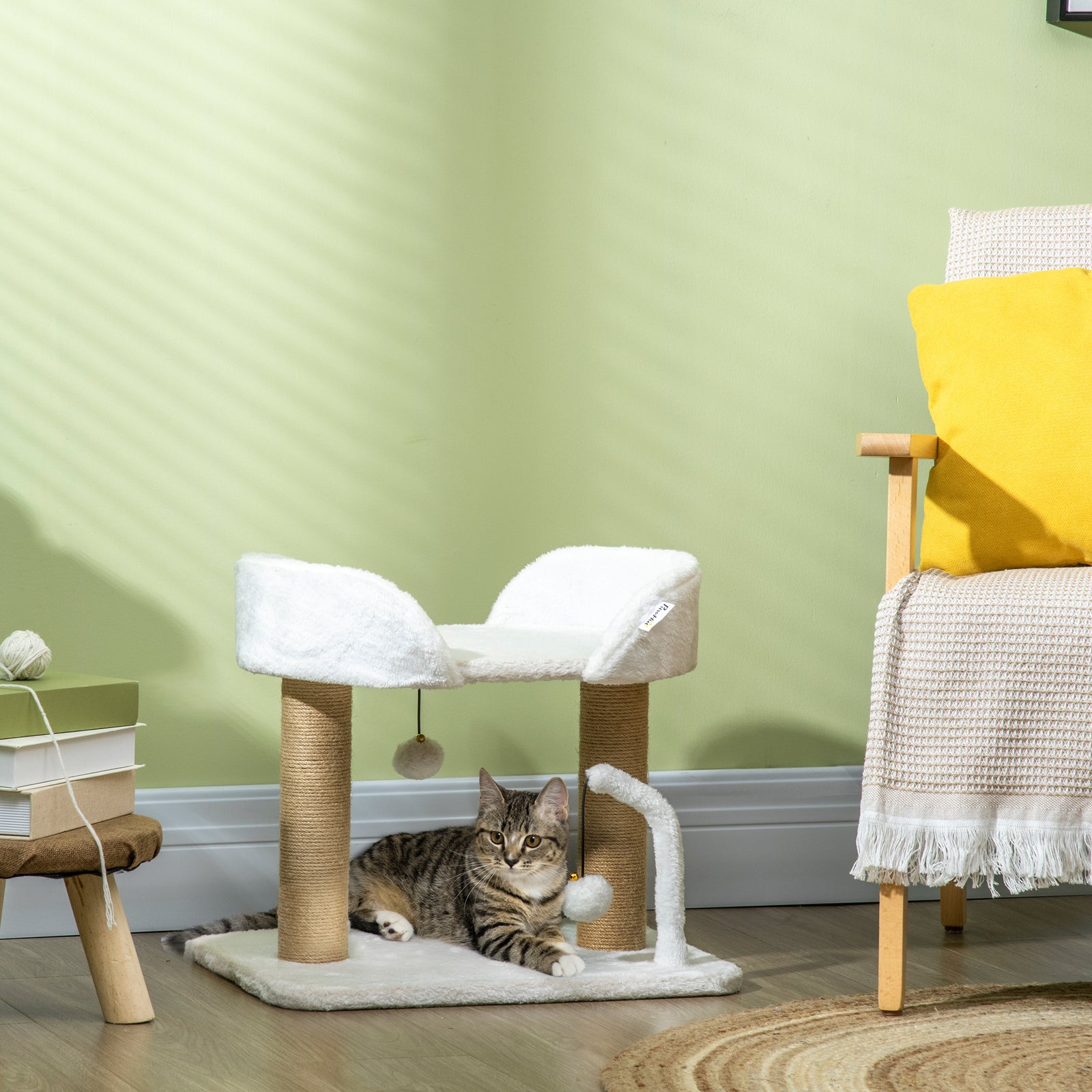 42cm Indoor Cat Tree, Kitty Play Tower W/ Toy Balls, Jute Scratching Post | White
