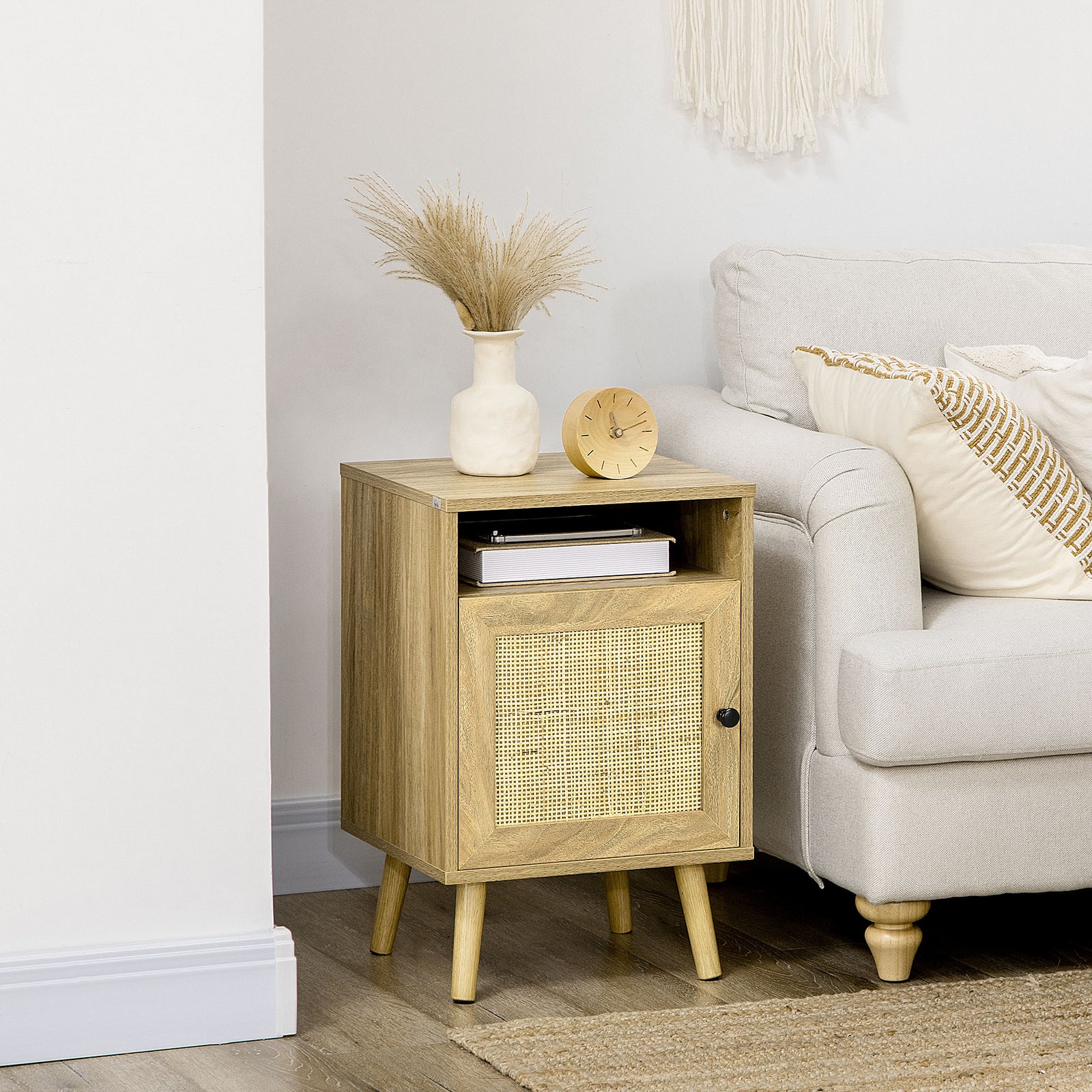 Nightstand, Rattan Bedside Table W/ Cabinet, Shelf