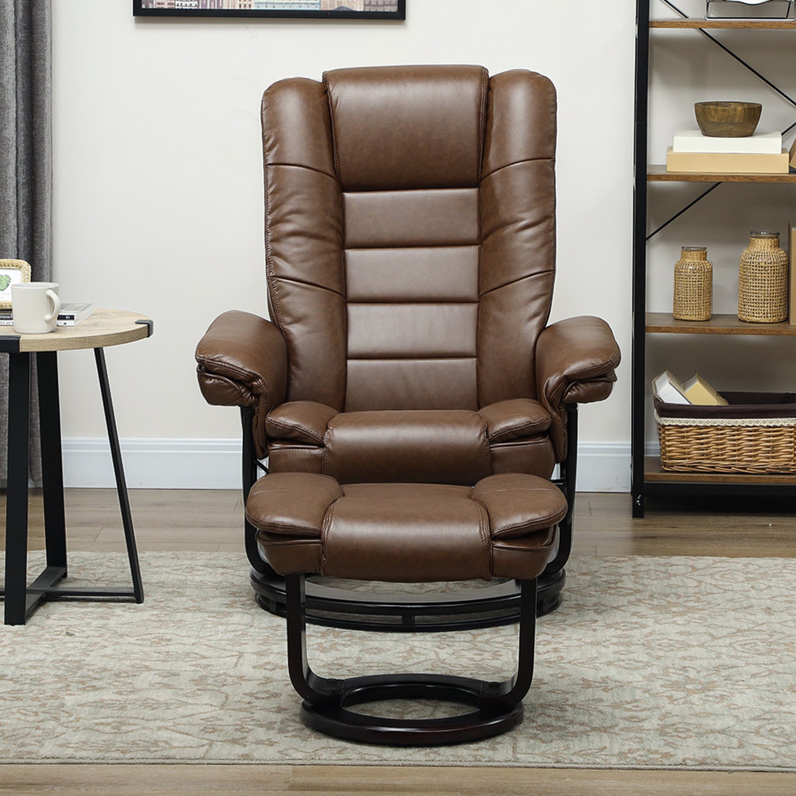 HOMCOM Swivel Manual Recliner And Footrest Set Pu Leather Chair Brown