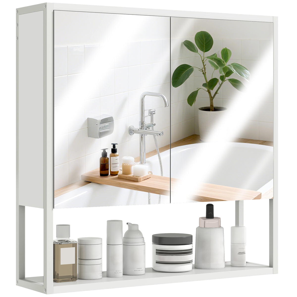 Industrial Bathroom Cabinet With 2 Mirrored Doors Open Shelf | White
