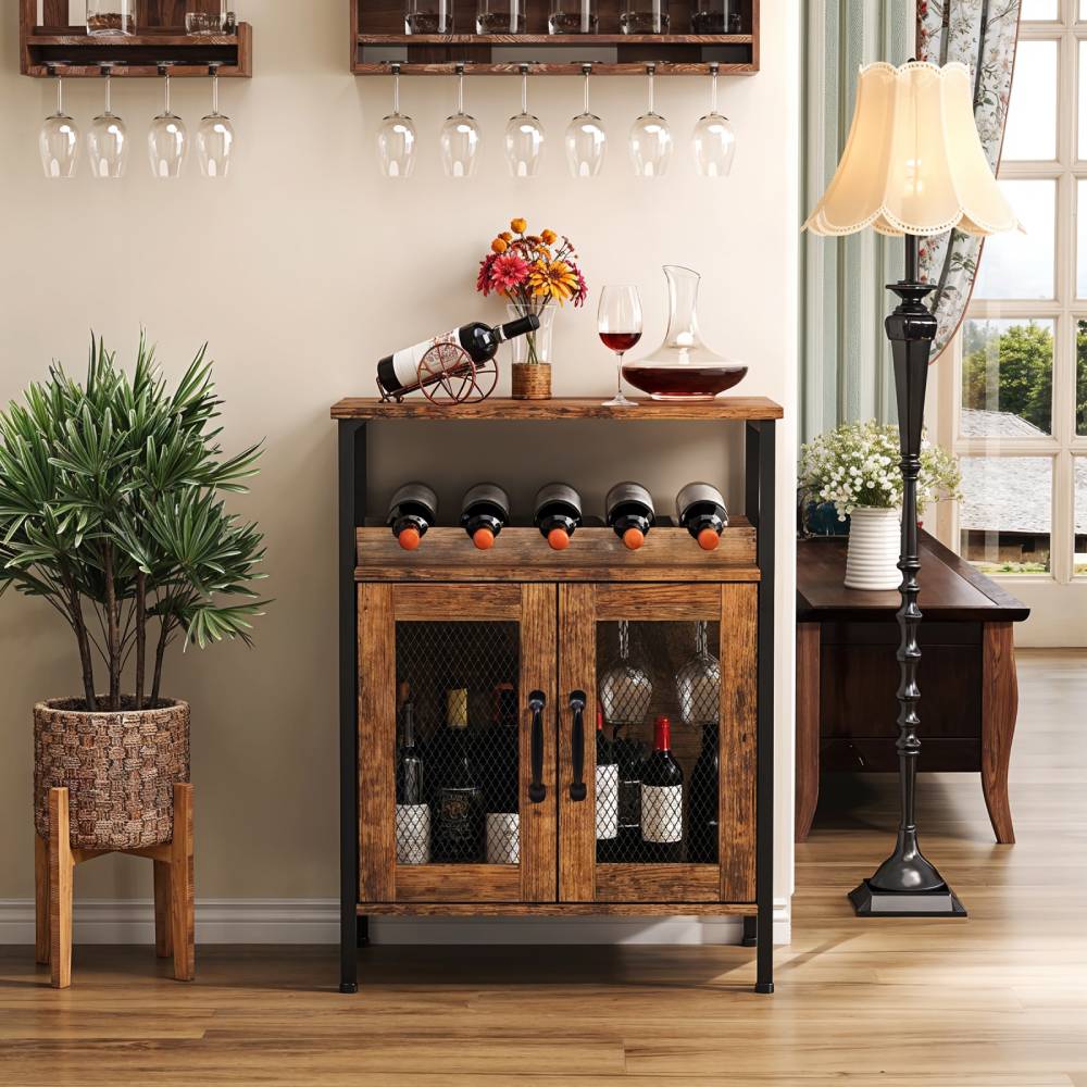 Wooden Wine Bar Cabinet With Wine Rack And Stemware Holders