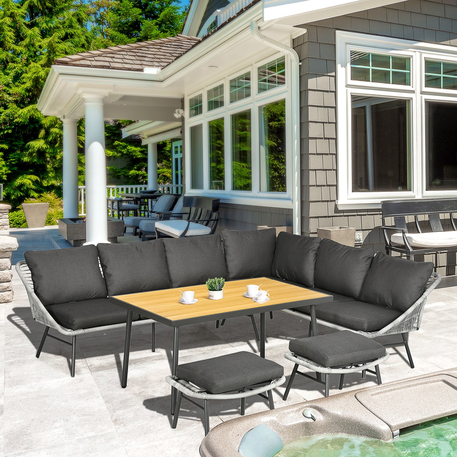 6 Seater Rattan Set W/ Sofa, Footstool, Table, Cushions