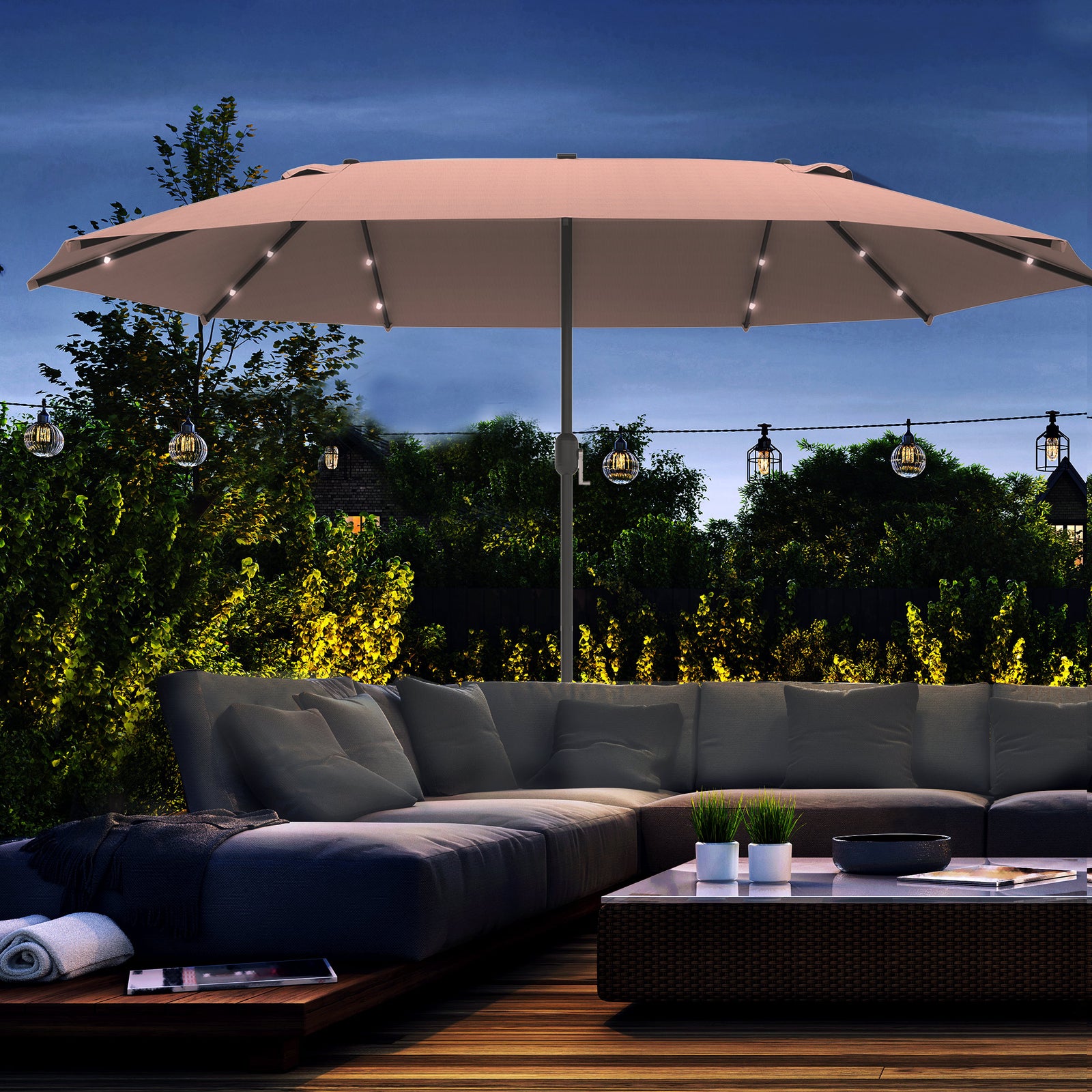 4.4m Double-sided Patio Parasol W/ Led Solar Lights | Khaki