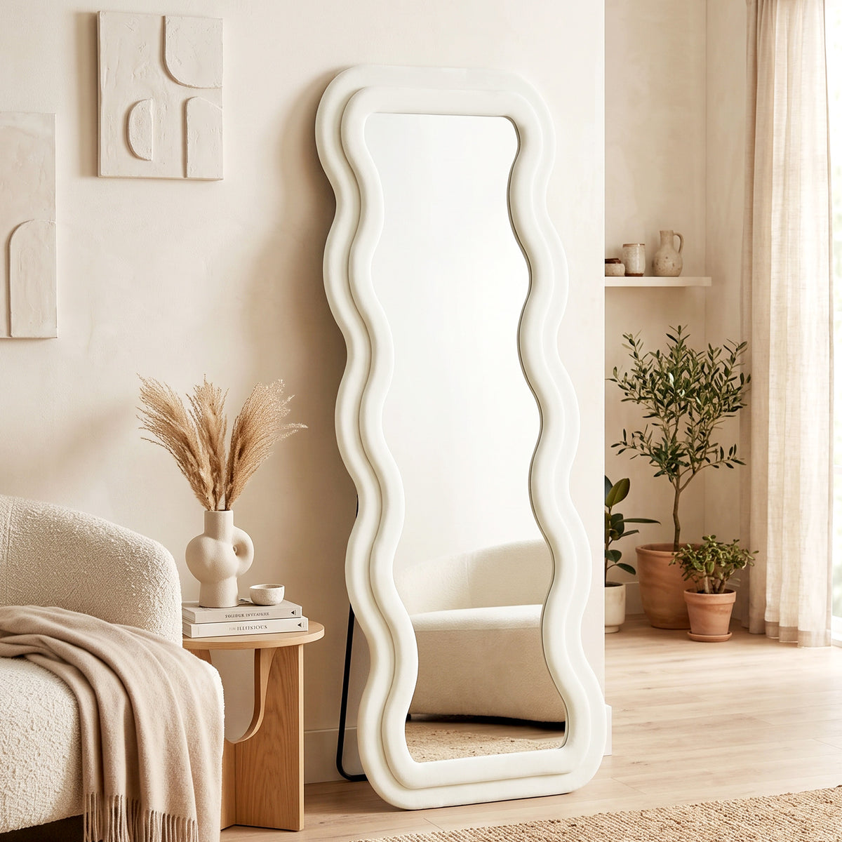 HOMCOM Full Length Mirror, 160 X 60 Cm Velvet Wall Standing Mirror, Cream