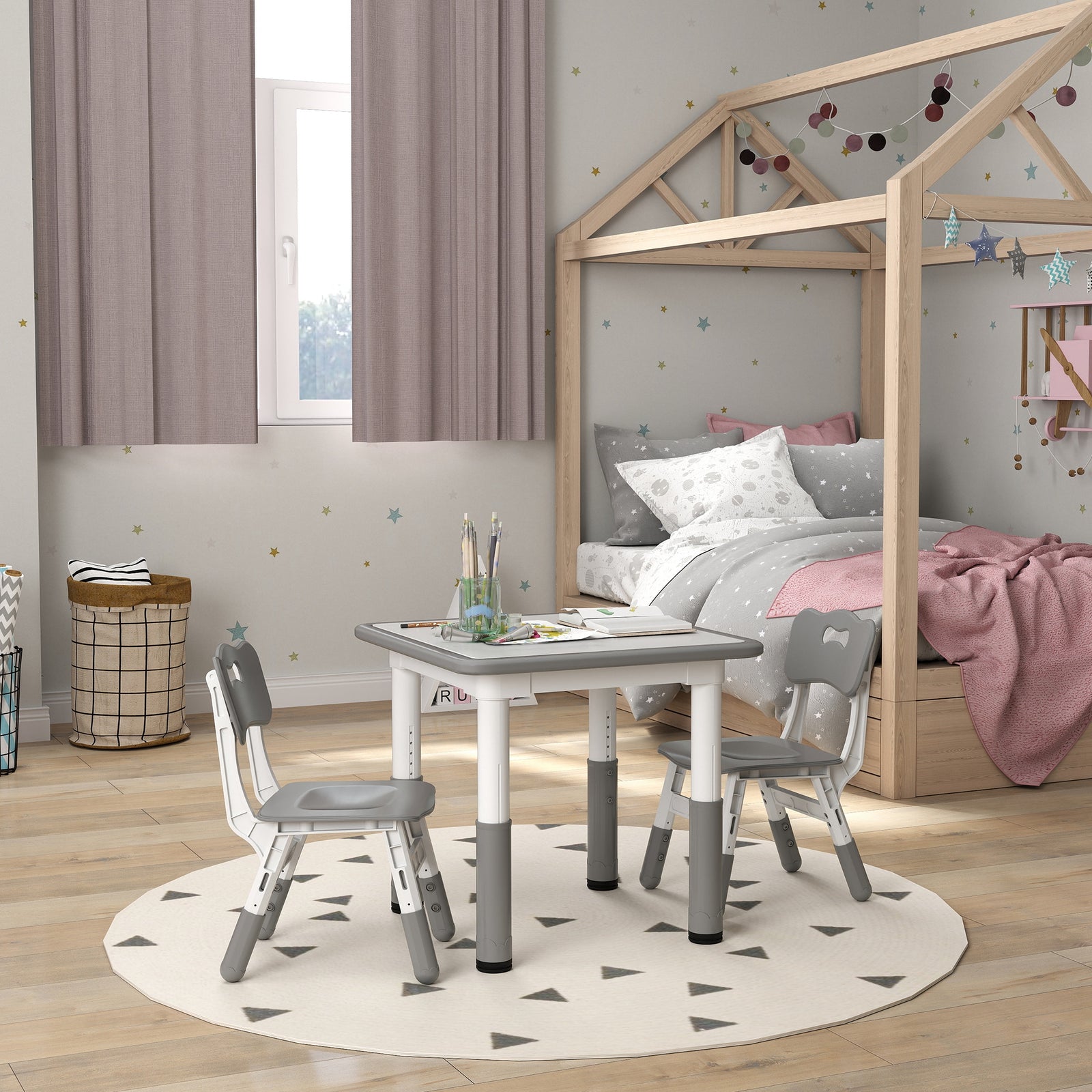 3 Pcs Height Adjustable Kids Table And Chair Set For Playroom | Grey
