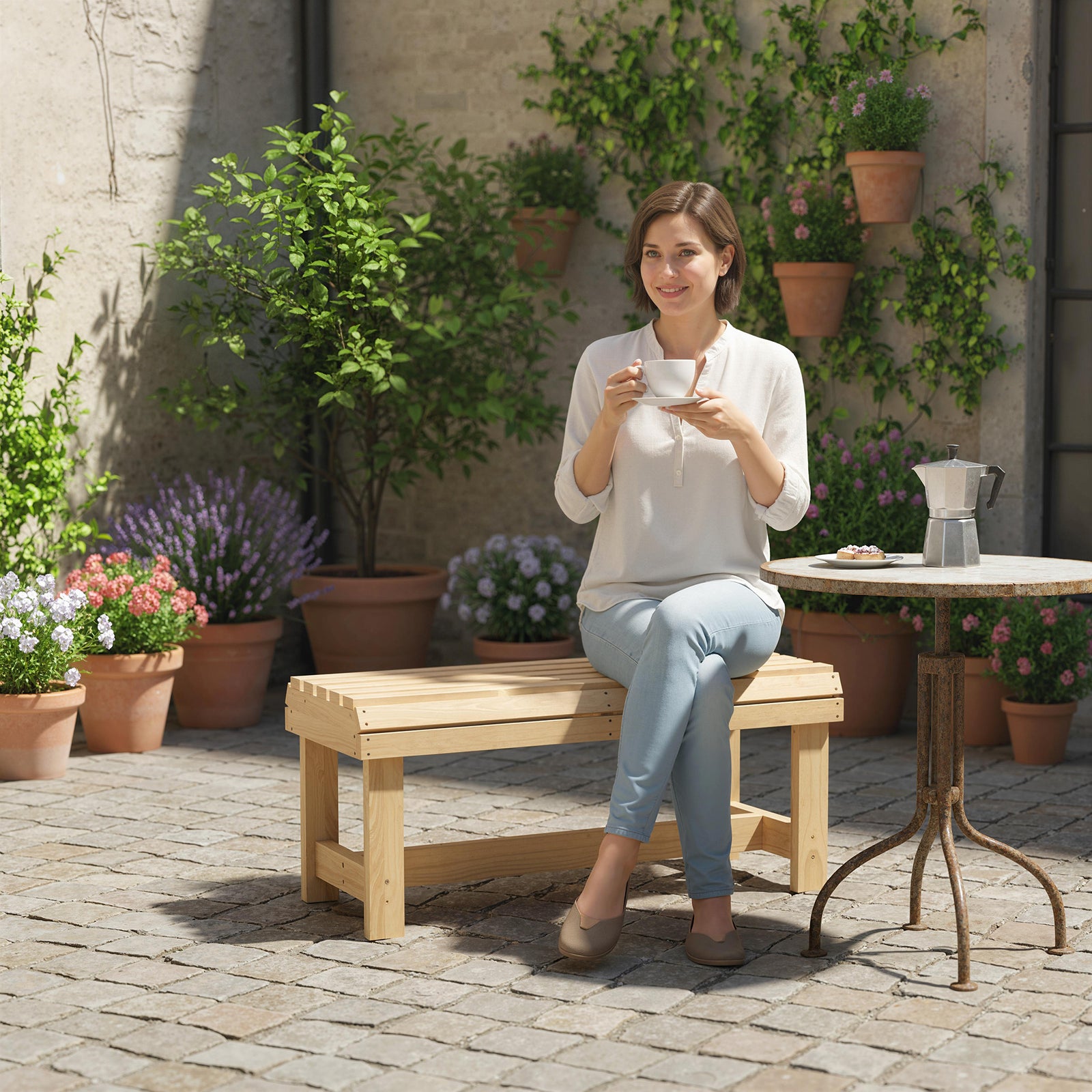 Wooden Garden Bench, 2 Seater Slatted Outdoor Bench | Natural