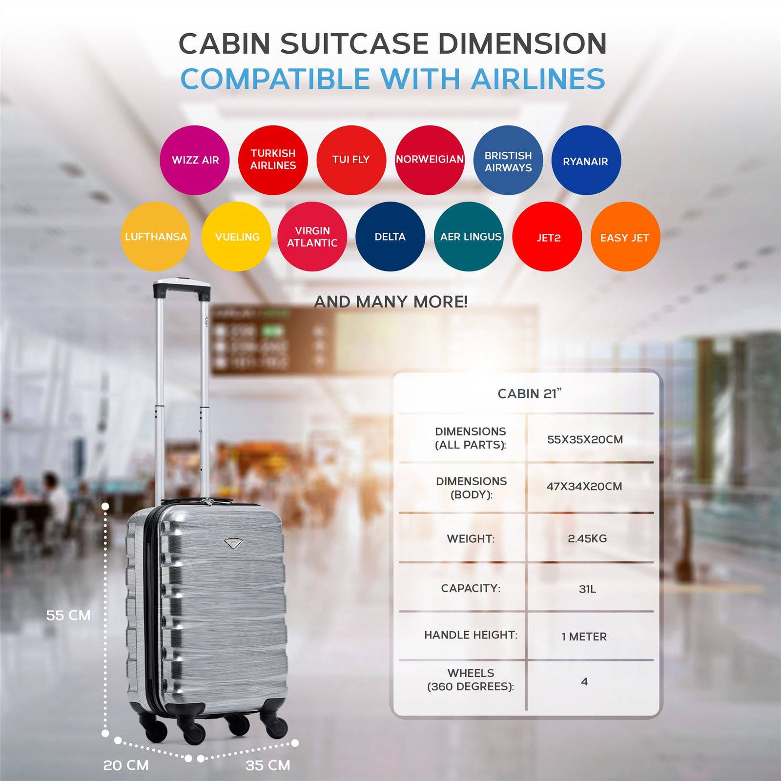 55x35x20cm Cabin Carry On Suitcase Hard Shell Overhead Luggage 100+ Airlines Approved | Cabin | Silver Grey