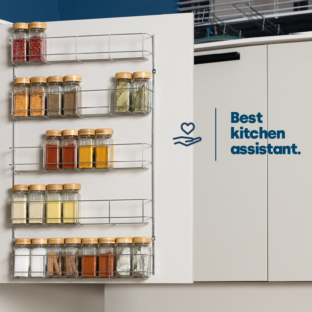 Livivo 5 Tier Cupboard Door Spice Rack Chrome Wall Mounted Kitchen Organiser