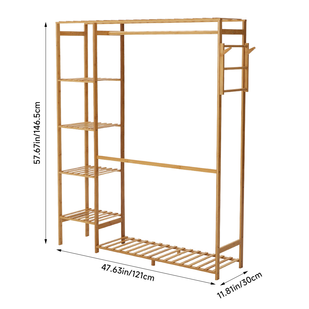 Wooden Garment Rack With Side Hooks Multi-functional Freestanding Clothes Organizer | Small | Natural