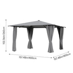 4m X 4m Outdoor Metal Gazebo With Pa-coated Canopy, Side Curtains & Solar Led Lights With Remote Patio Shelter | Light Grey