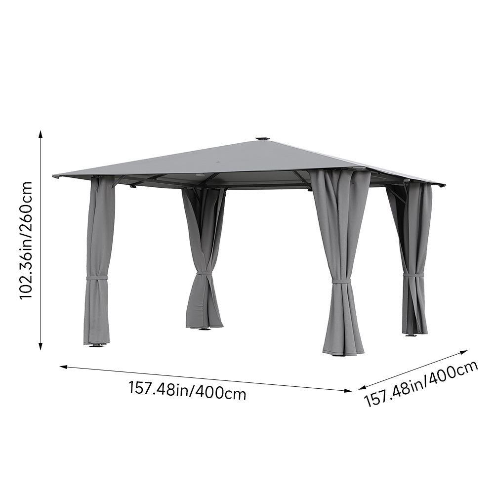 4m X 4m Outdoor Metal Gazebo With Pa-coated Canopy, Side Curtains & Solar Led Lights With Remote Patio Shelter | Light Grey