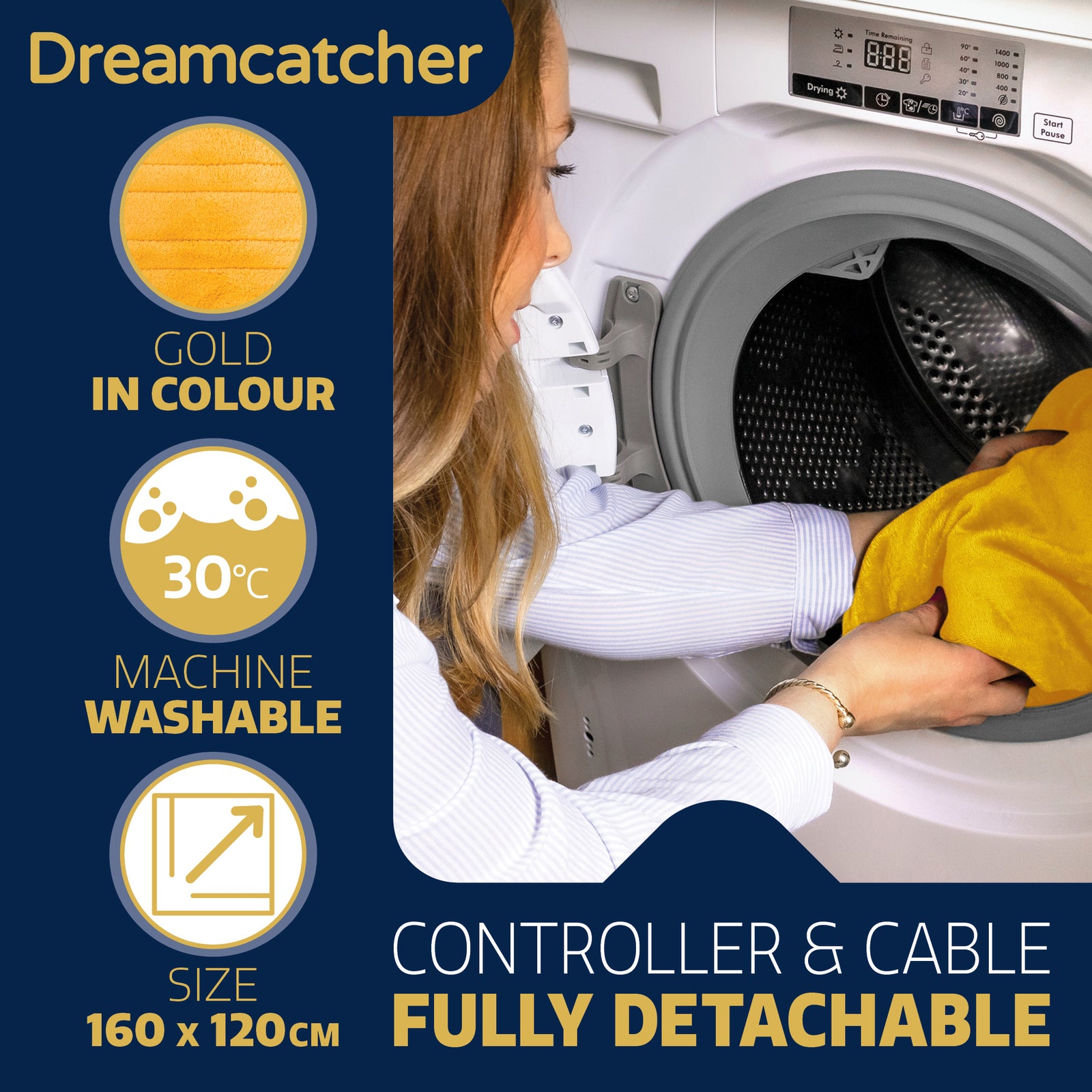 Deluxe Electric Throw Heated Double Over Blanket Soft Fleece  9 Heat & 12 Timer Settings | L | Gold