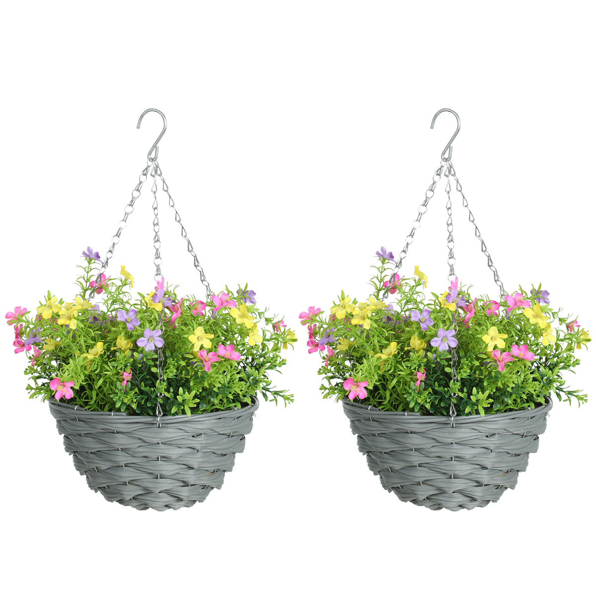 HOMCOM Set Of 2 Artificial Cosmos Flowers, Hanging Planters With Basket