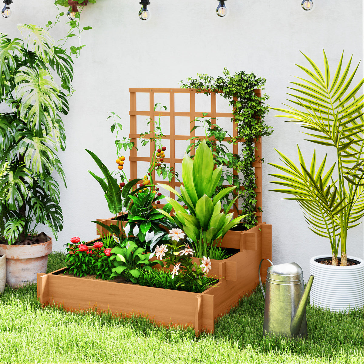 3 Tier Wooden Garden Planters With Trellis For Vine Climbing Plants | Brown