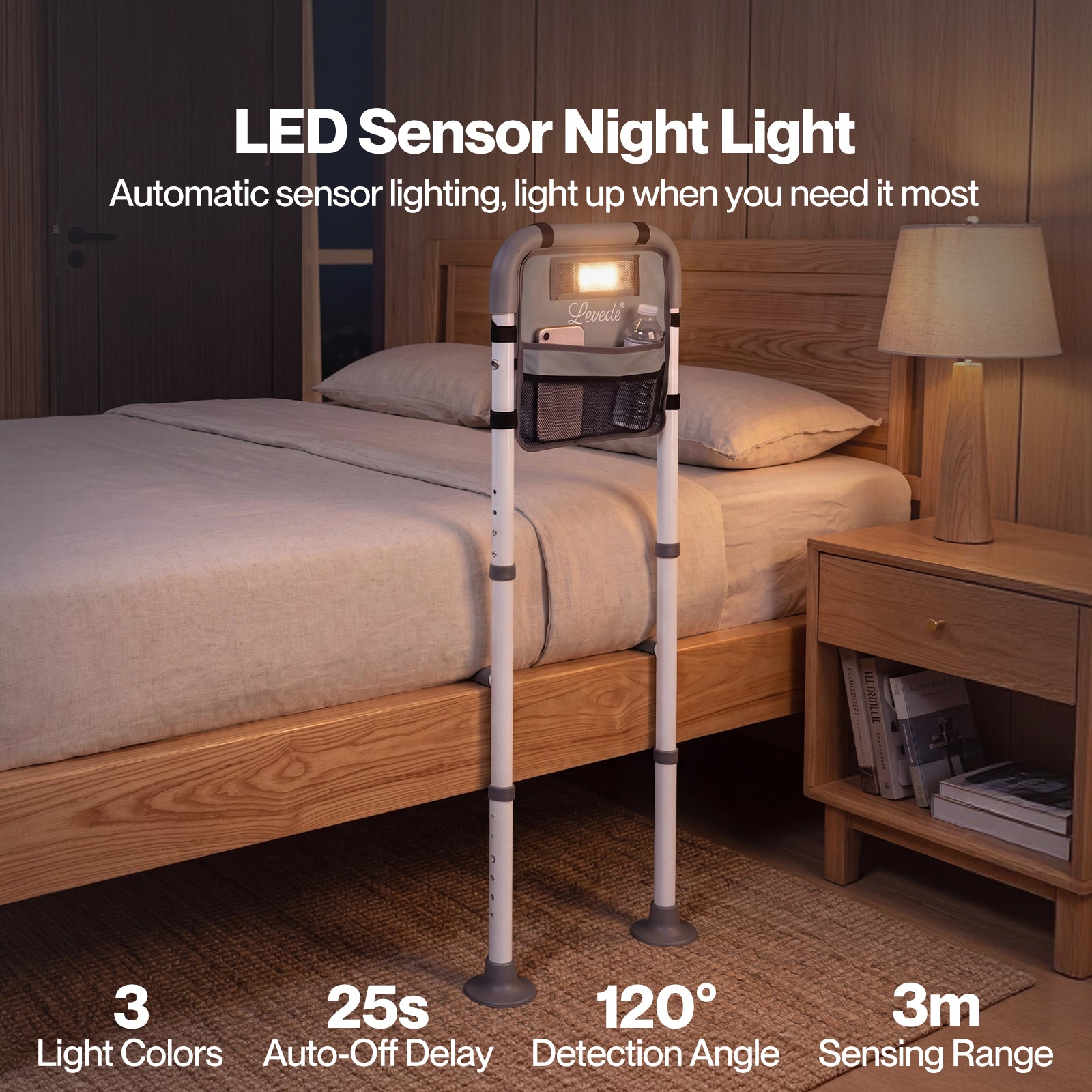 Adjustable Bed Rail With Led Sensor Light Storage Pocket Bed Handle Guard