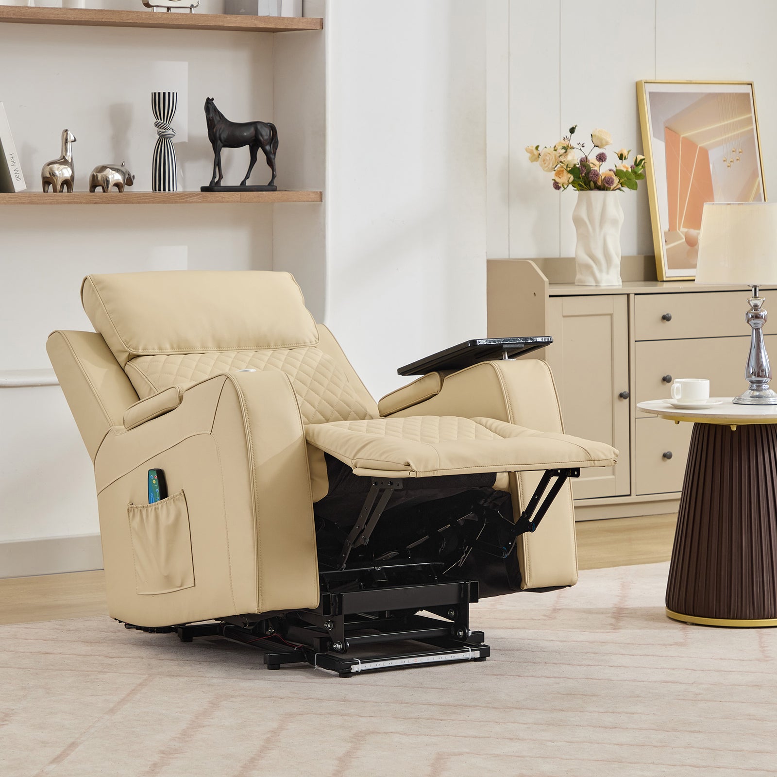 Byron Electric Riser Recliner Chair With Massage And Heat, Drink Cooler, Table | Cream