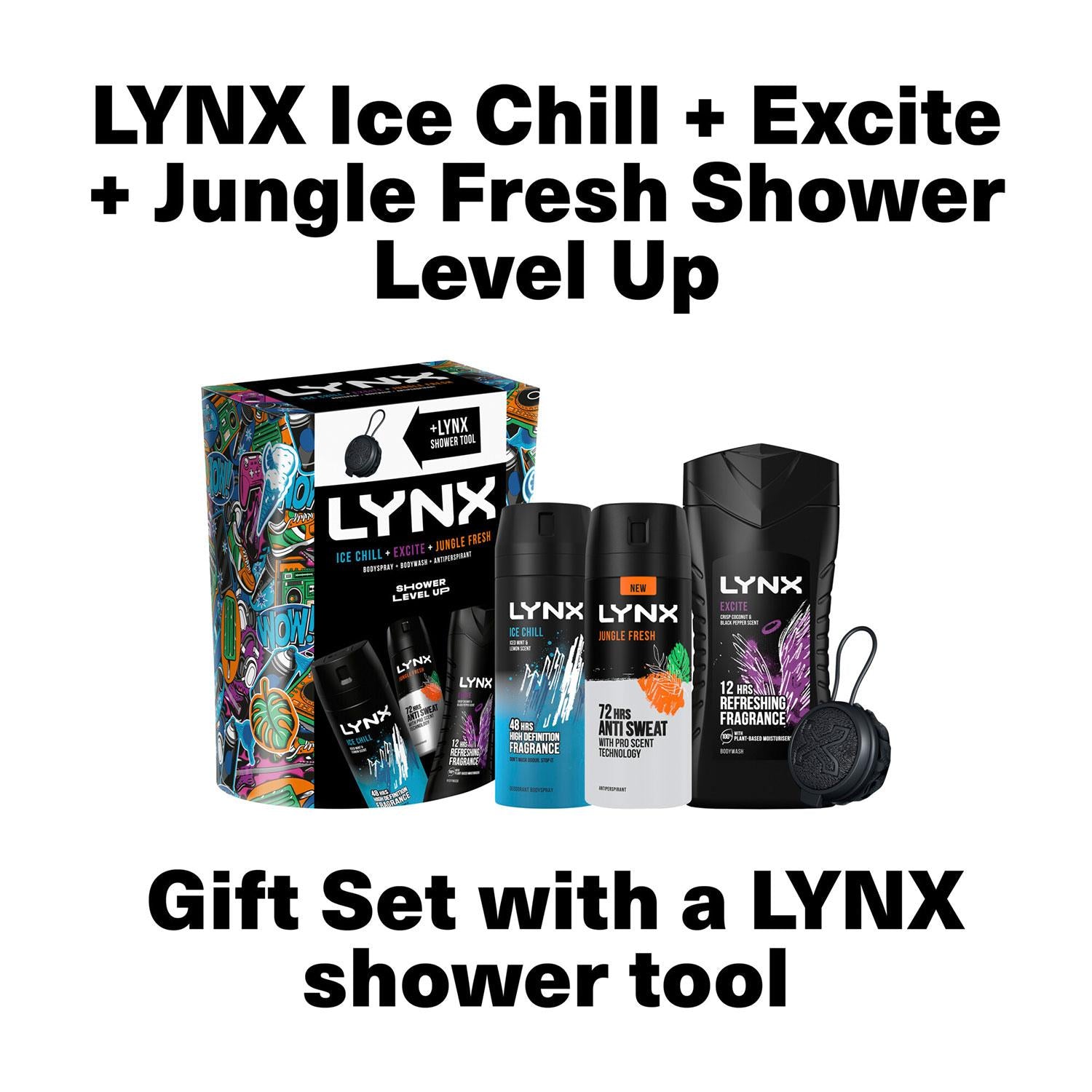 Shower Level Up Ice Chill, Excite,jungle Fresh Gift Set W/ Shower Tool, 4pk
