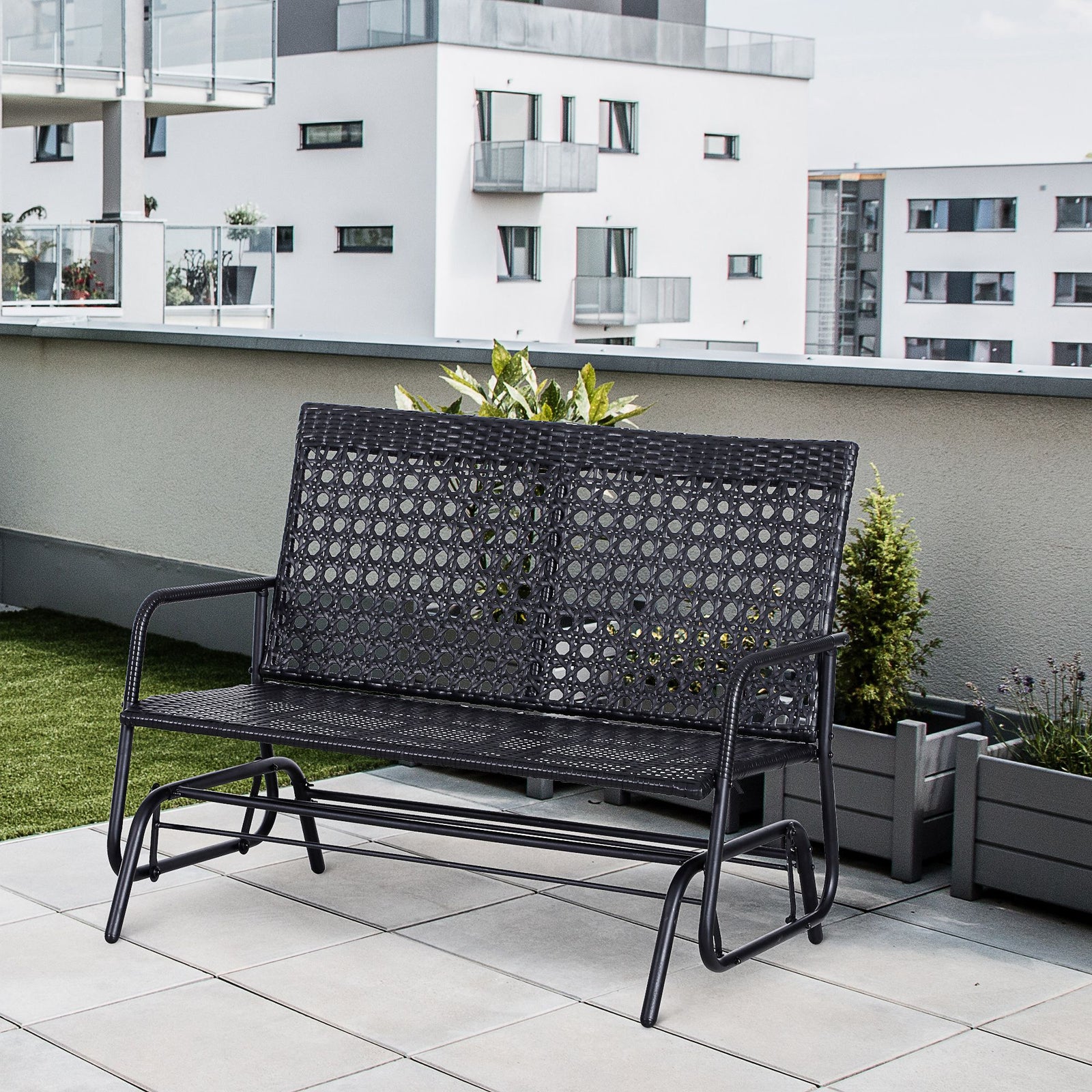 Rattan 2 Seater Wicker Glider Bench, Black
