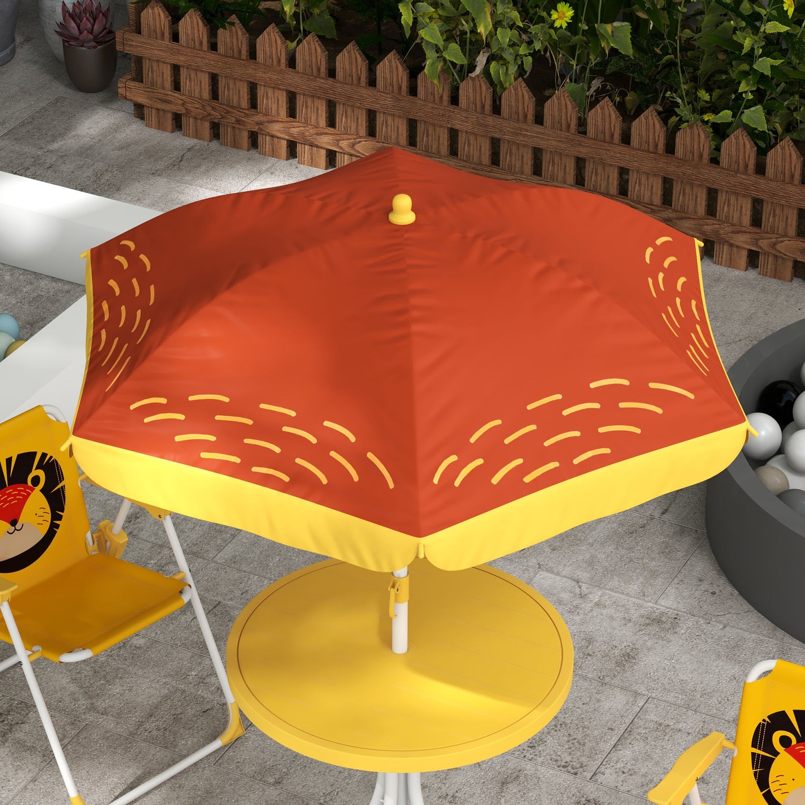 Kids Bistro Table And Chair Set W/ Lion Theme, Adjustable Parasol