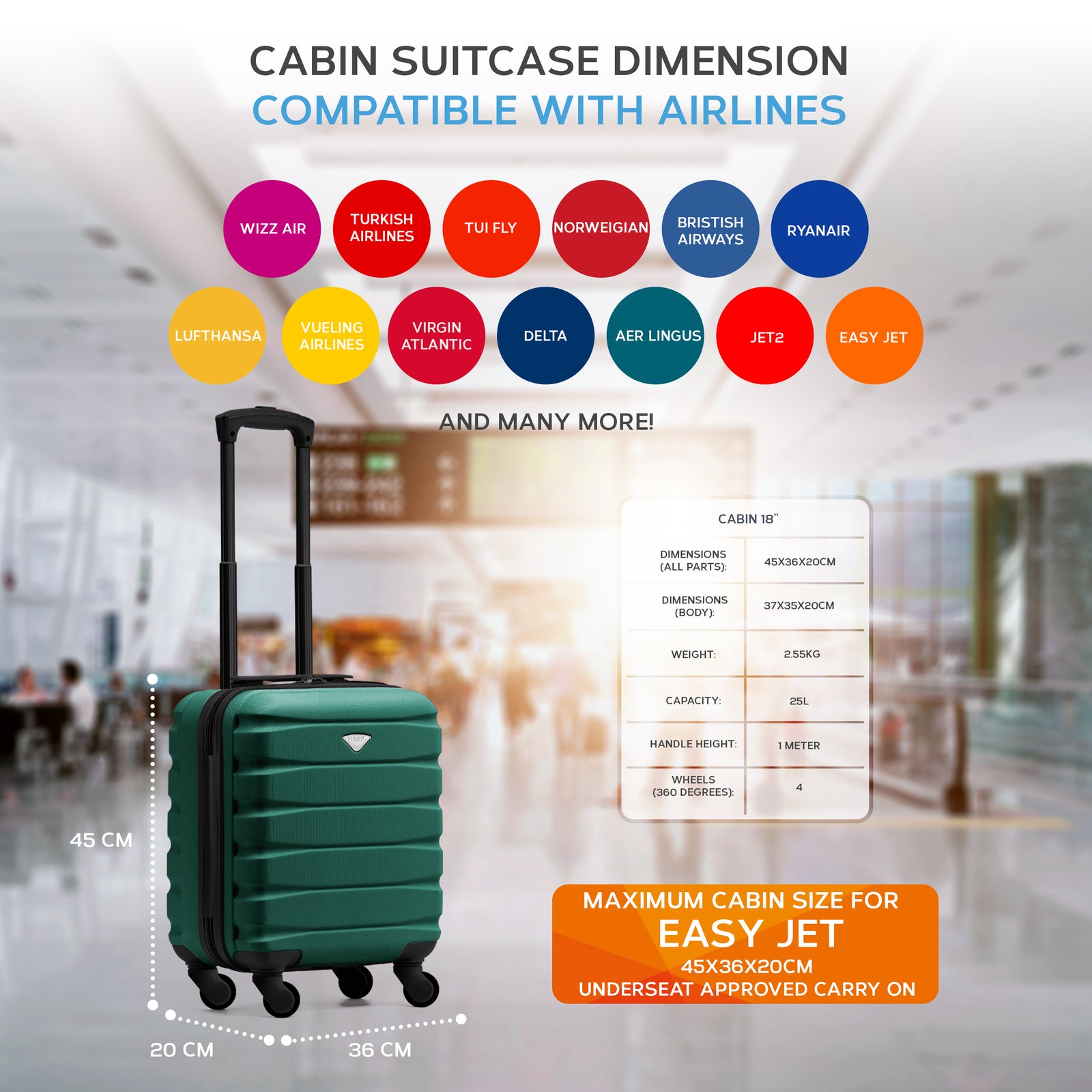 45x36x20cm Lightweight Underseat Cabin Carry On Suitcase - 100+ Airline Approved - Hard Shell Luggage - 4 Wheels | 45 x 36 x 20cm | Forest Green