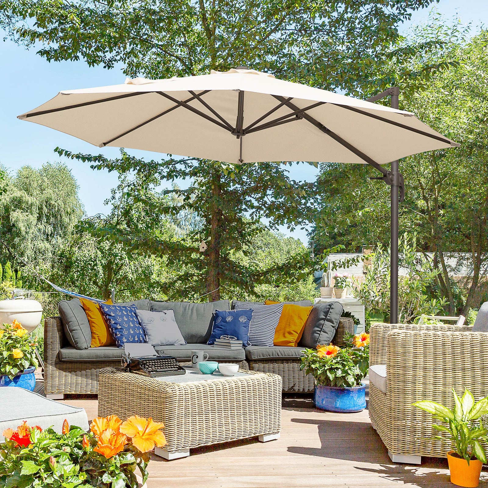 3m Hanging Parasol W/ Cross Base | Beige