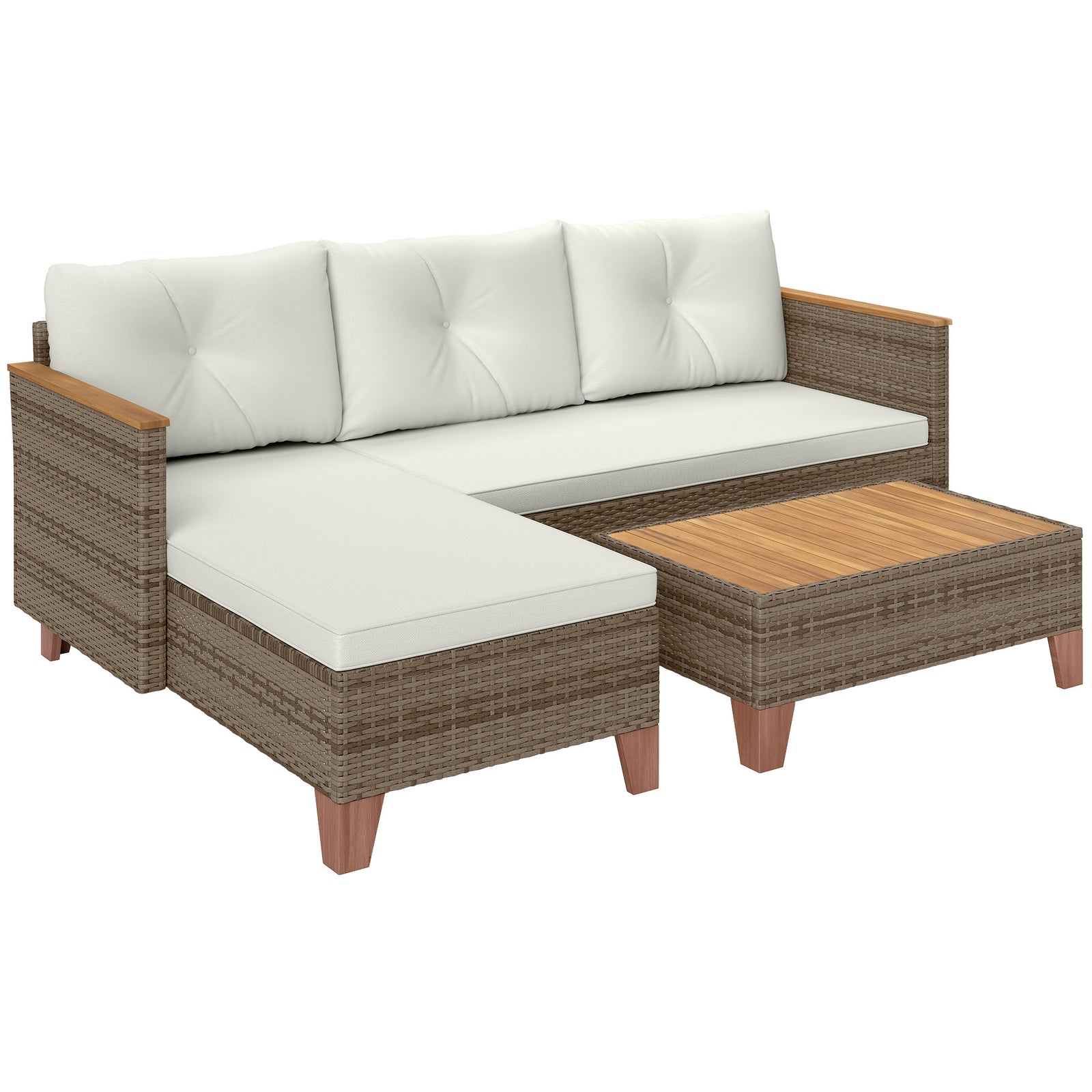 3 Pieces Rattan Lounge Set, L-shaped With Wood Table | Cream