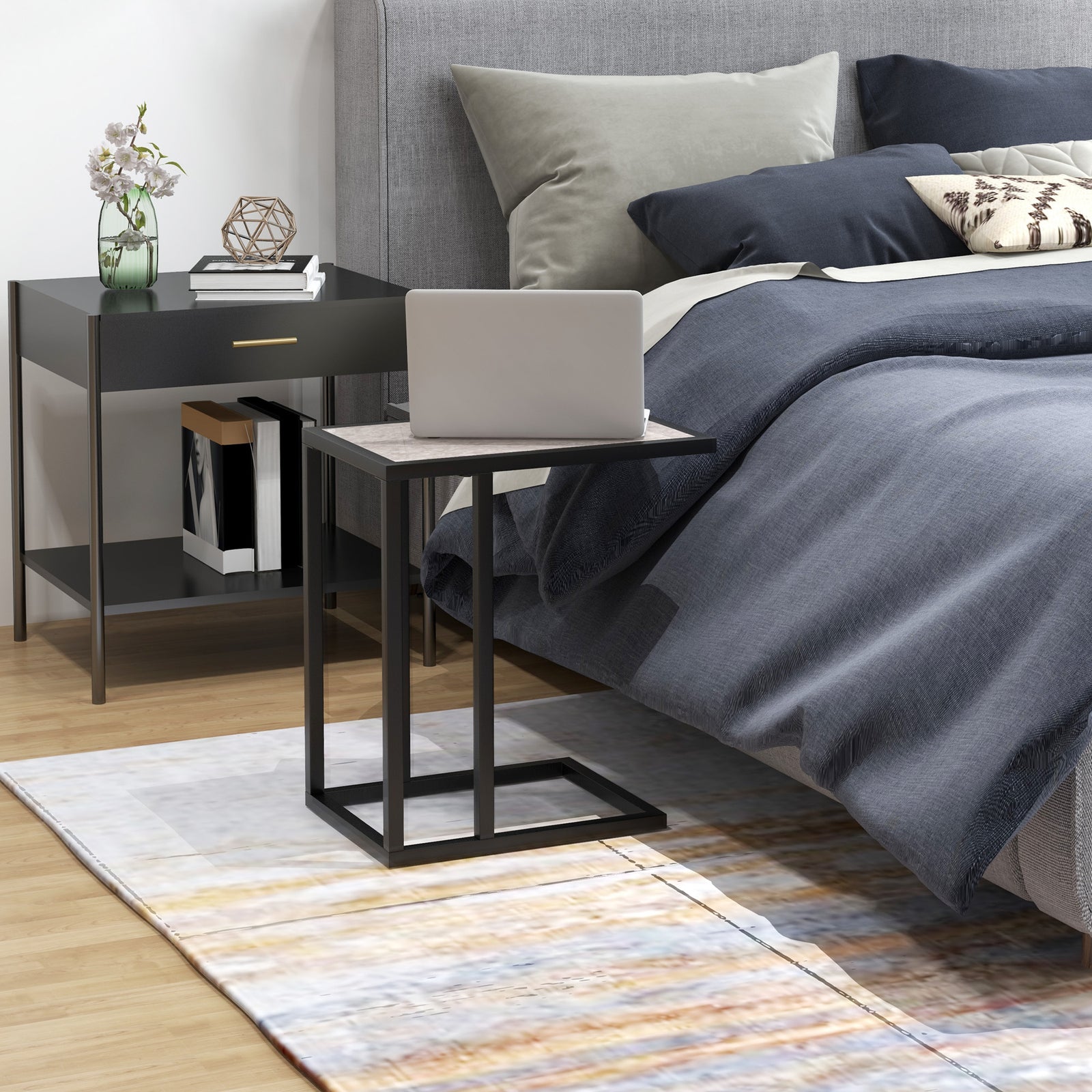 C Shape Side Table W/ Wood-effect Top | Gray