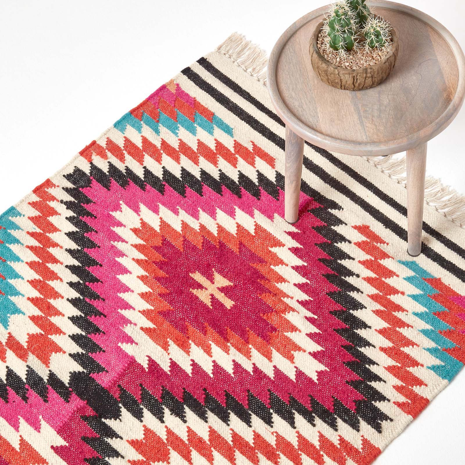 Manila Handwoven Diamond Kilim Wool Rug | 150cm x 95cm | Orange & Black