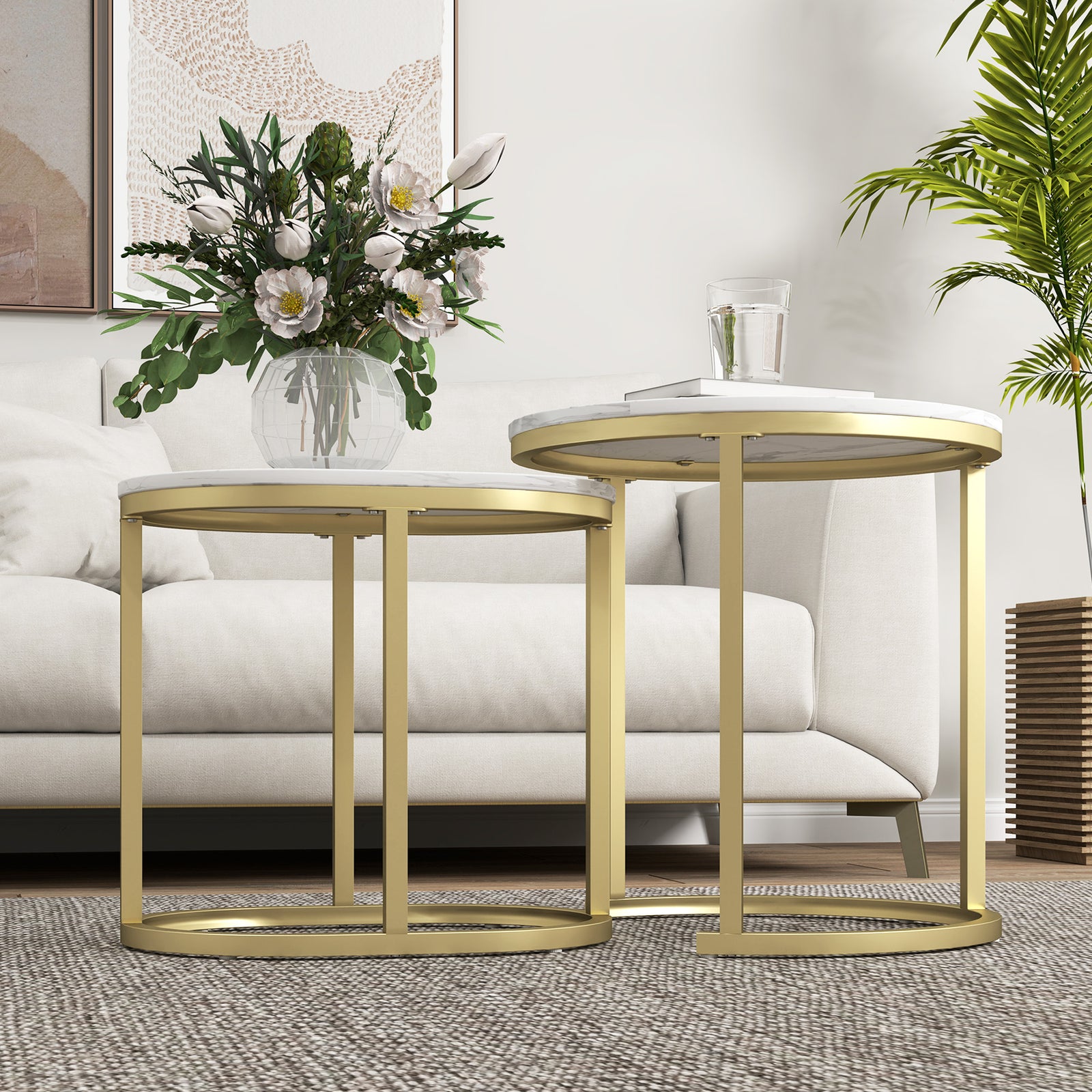 2 Pcs Coffee Table With Faux Marble Side Accent Tables White | White