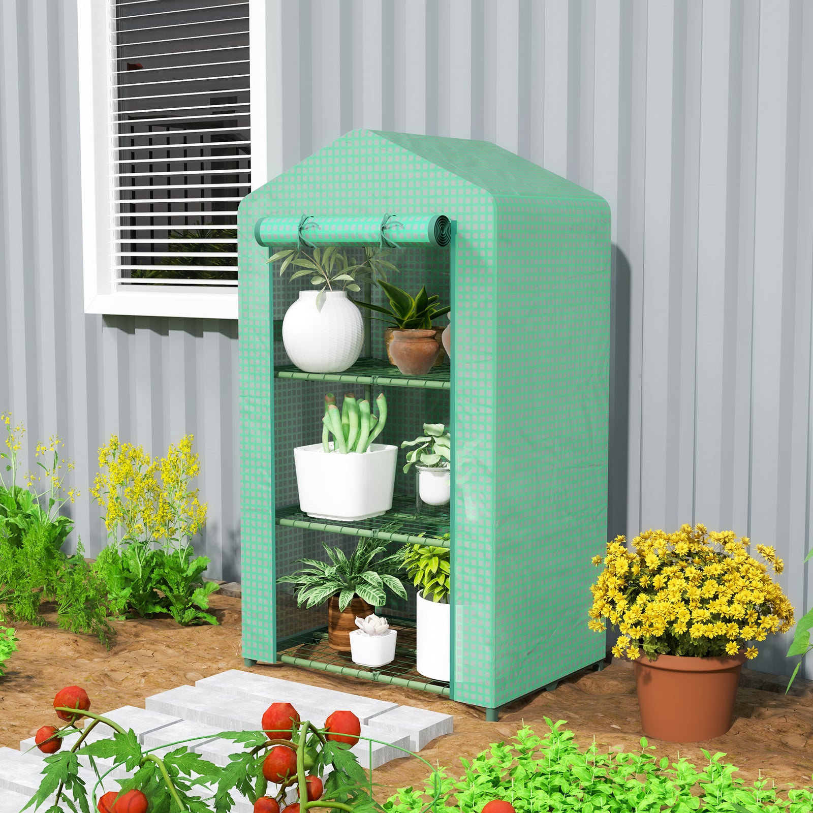3 Tier Mini Greenhouse Grow House W/ Roll Up Door, Green