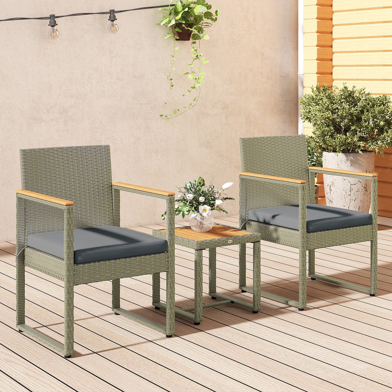 3-piece Rattan Bistro Set With Acacia Wood Table | Grey