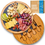 BlauKe Bamboo Cheese Board With Cheese Tool Set And Slate - 30cm Round Charcuterie Board - Wooden Cheese Board Gift Set