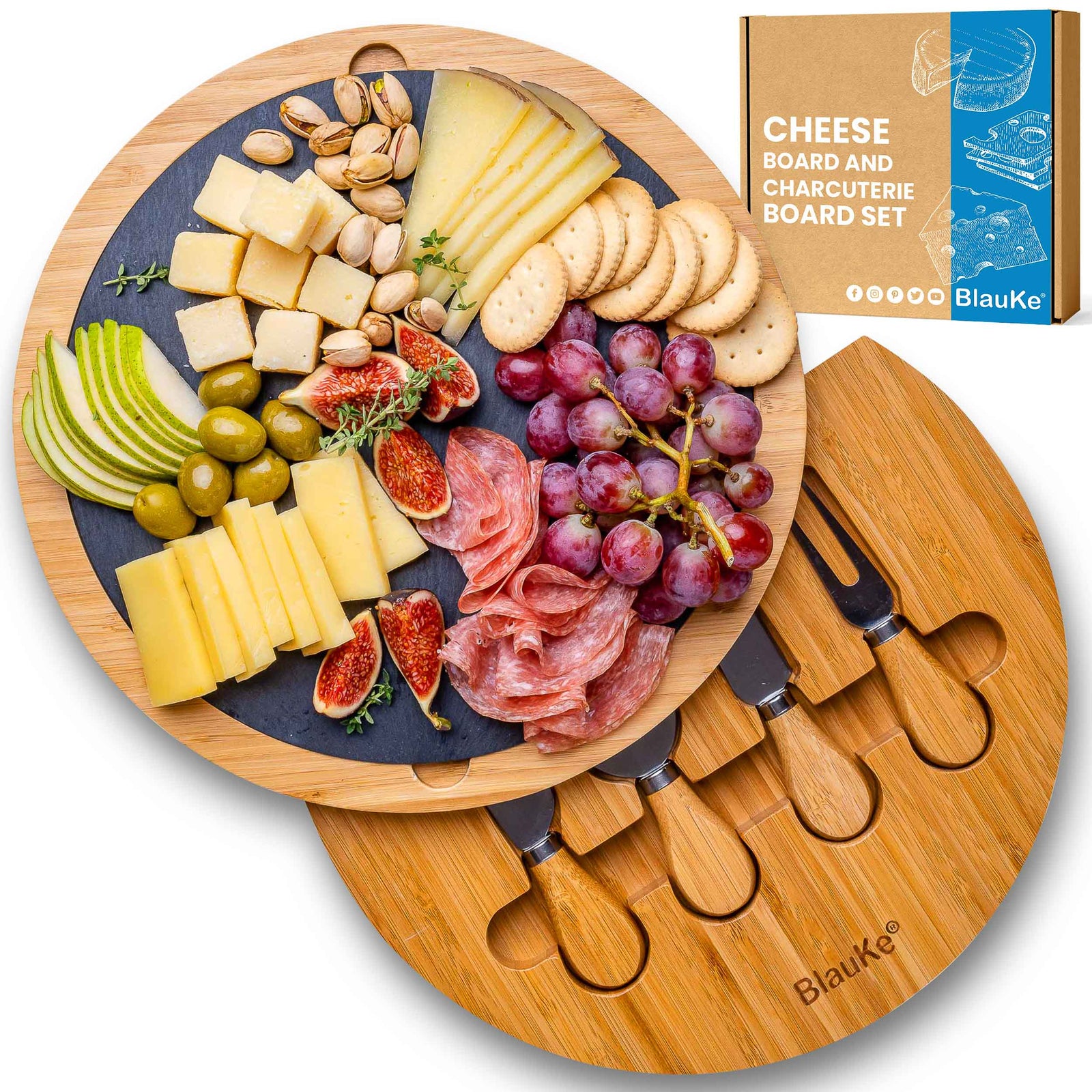 BlauKe Bamboo Cheese Board With Cheese Tool Set And Slate - 30cm Round Charcuterie Board - Wooden Cheese Board Gift Set