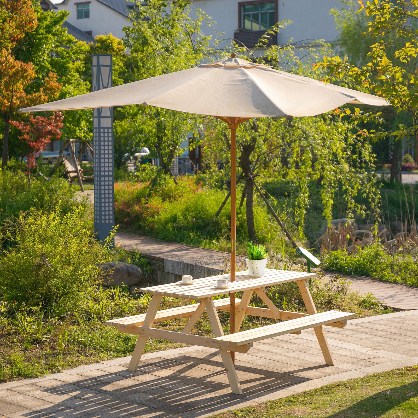 4-seater Garden Wooden Picnic Table With Parasol Hole