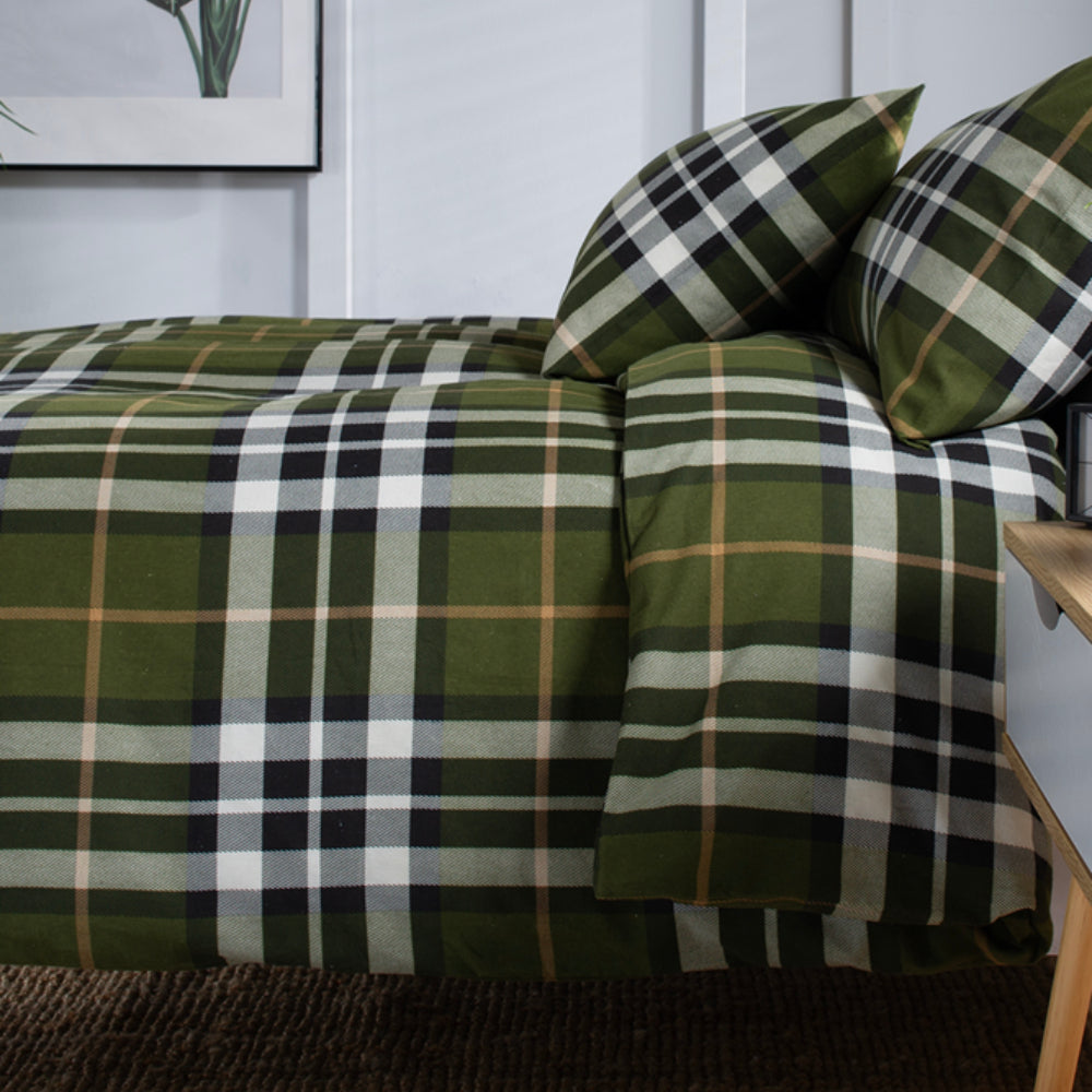 Fergus Check Printed Brushed 100% Cotton Bedlinen Duvet Set | Double | Green