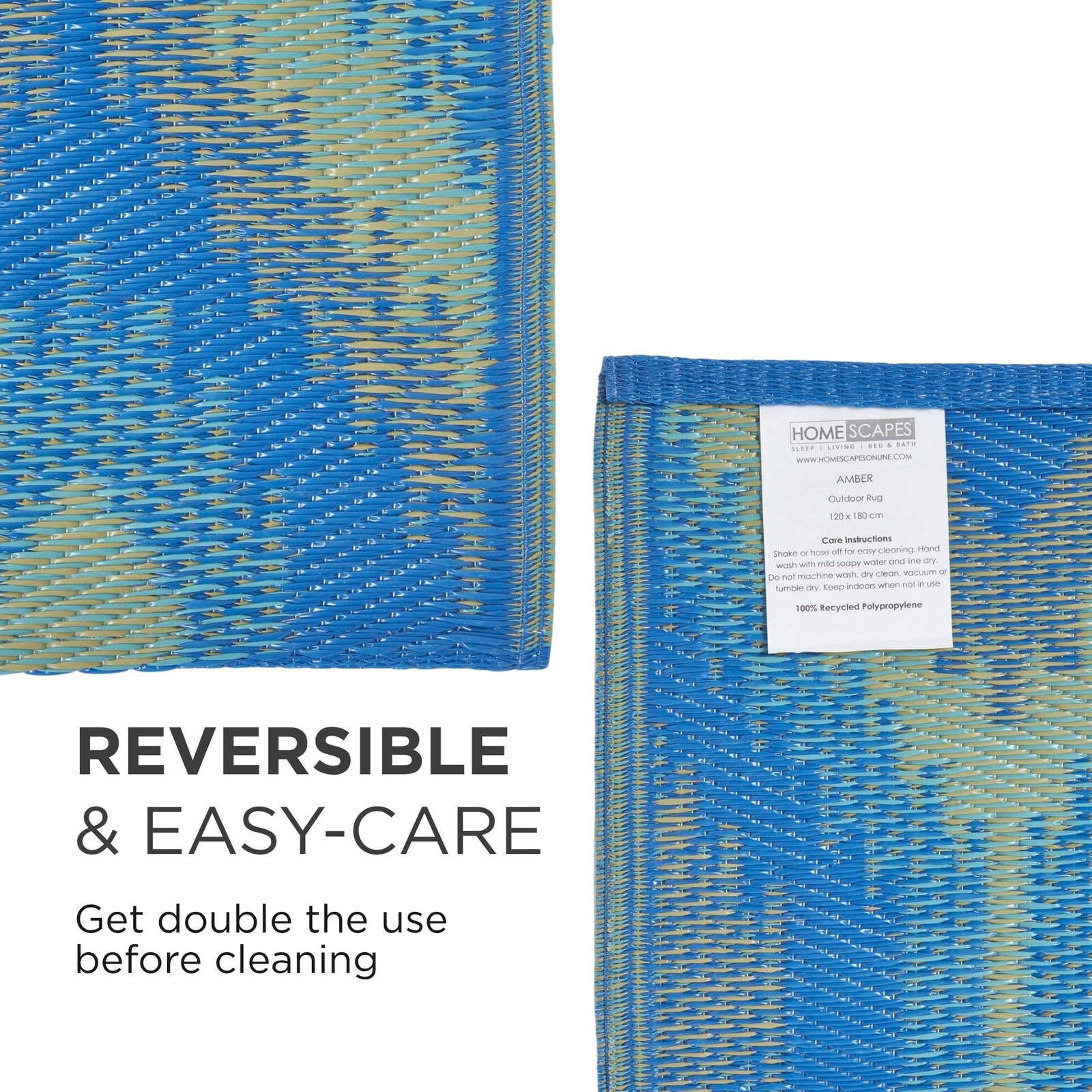 Luxury Outdoor Rug Waterproof Reversible For Garden Patio 100% Recycled, Blue Amber Ikat | 120cm x 180cm | Blue