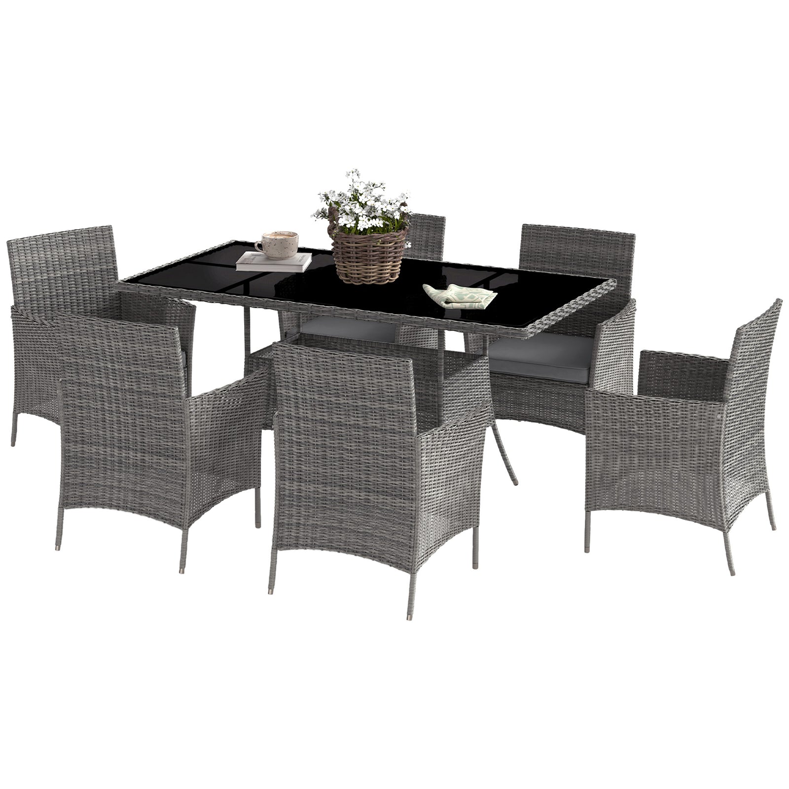 Rattan Dining Set For 6 With Cushions, Glass Top Table
